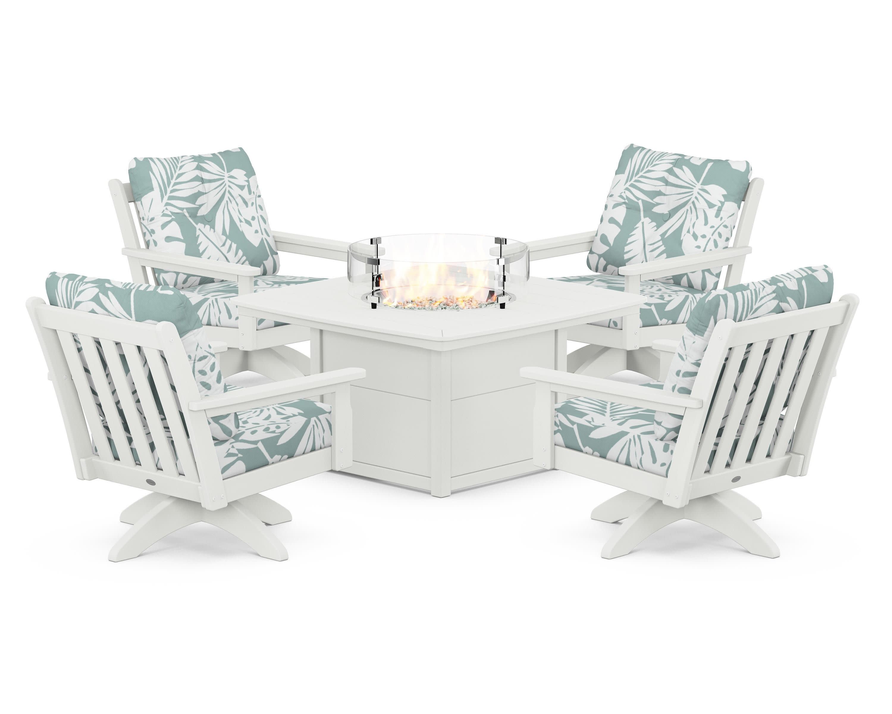Vineyard 5-Piece Deep Seating Swivel Conversation Set with Fire Pit Table in Vintage White / Leaf Glacier Spa