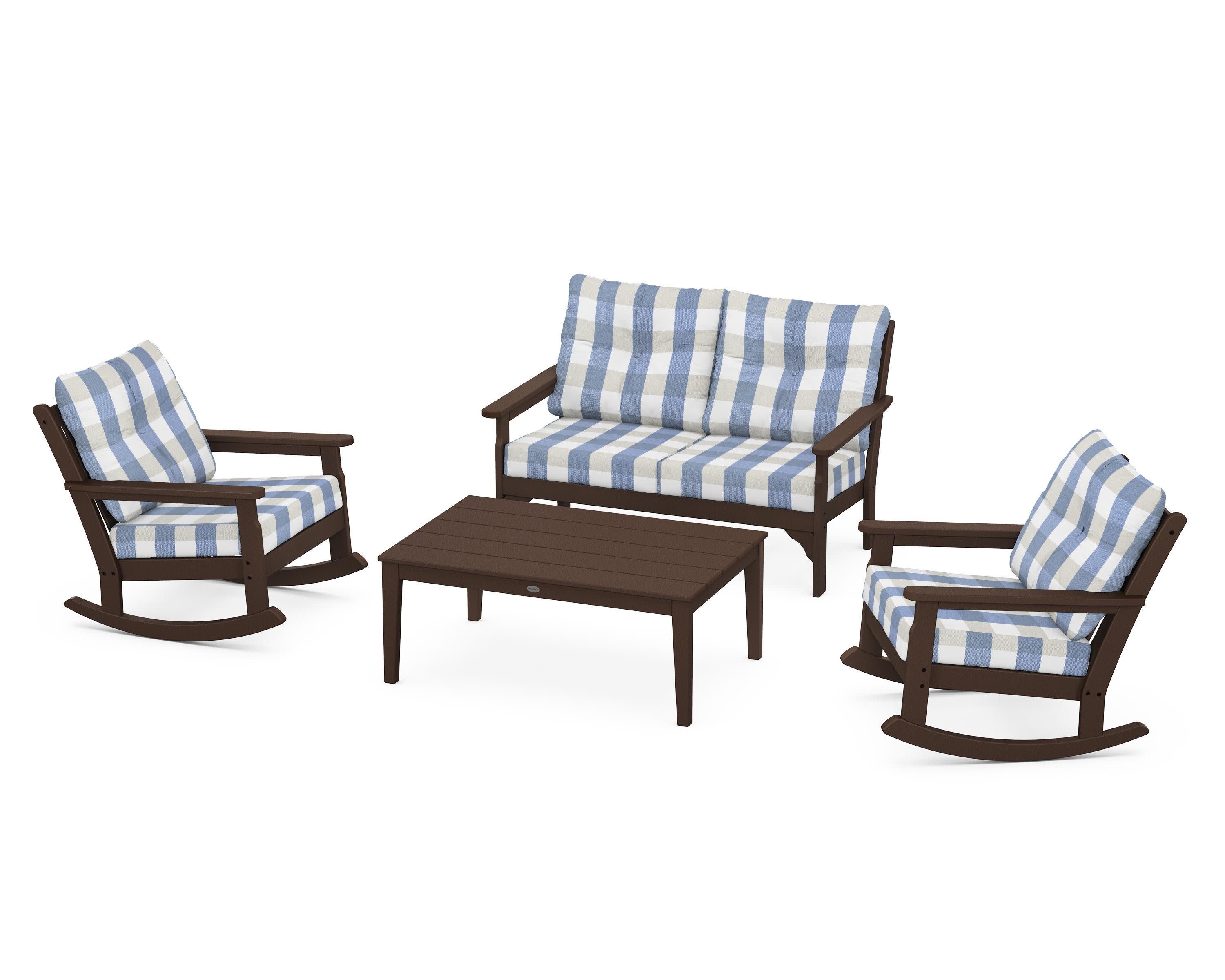 Vineyard 4-Piece Deep Seating Rocking Chair Set in Mahogany / Buffalo Plaid Sky Blue