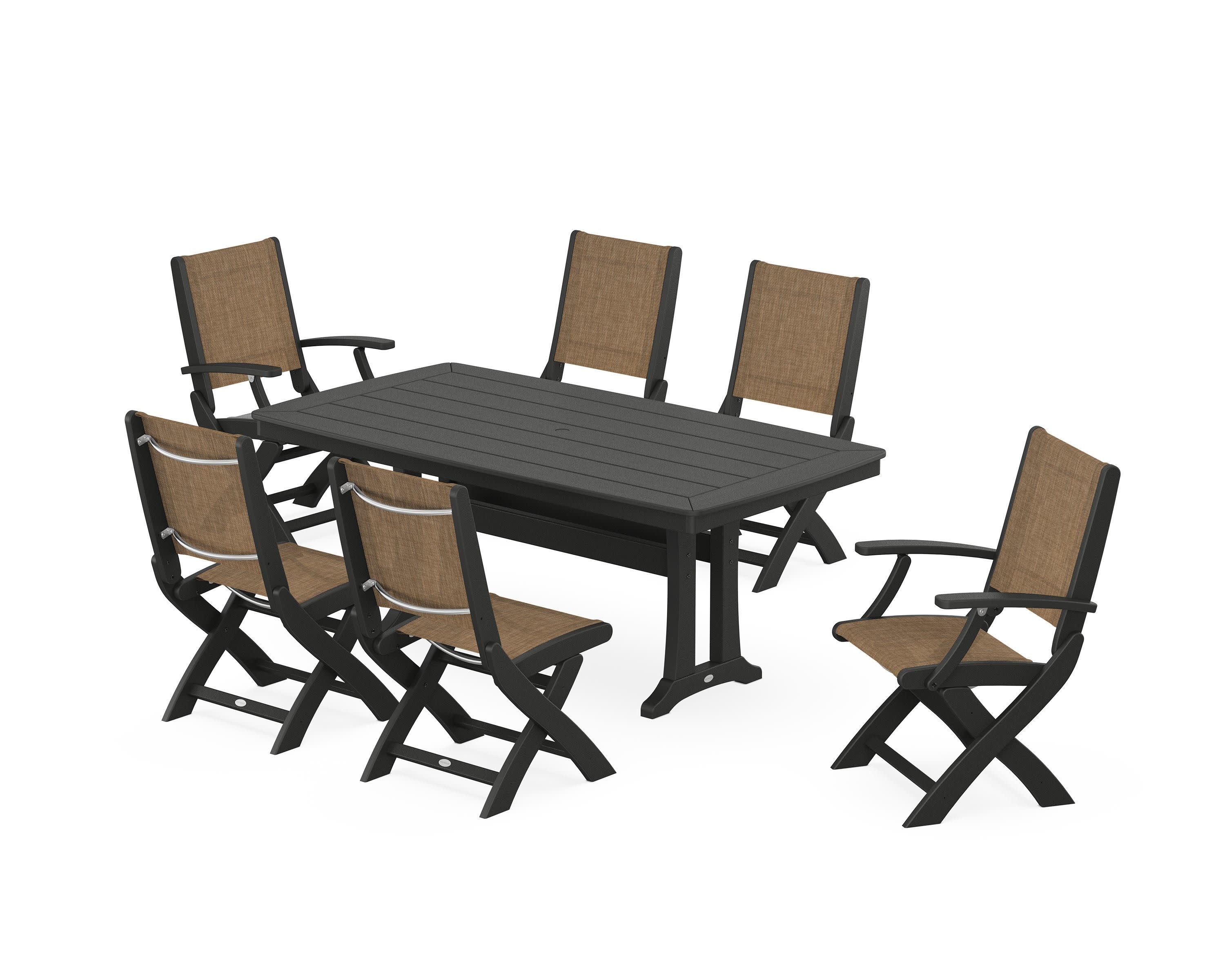 Coastal Folding Chair 7-Piece Dining Set with Trestle Legs in Black / Burlap Sling