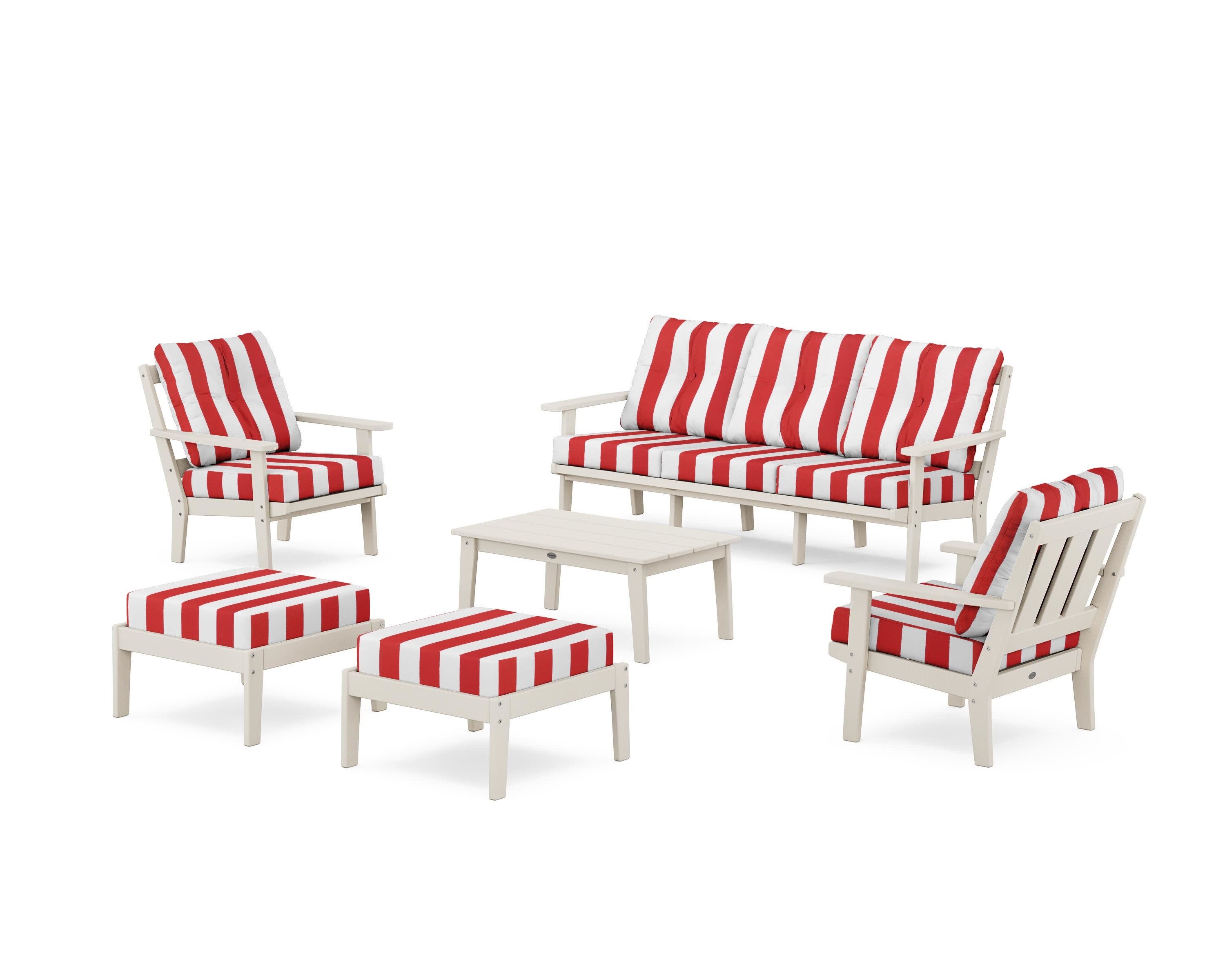 Oxford 6-Piece Lounge Sofa Set in Sand / Cabana Stripe Crimson