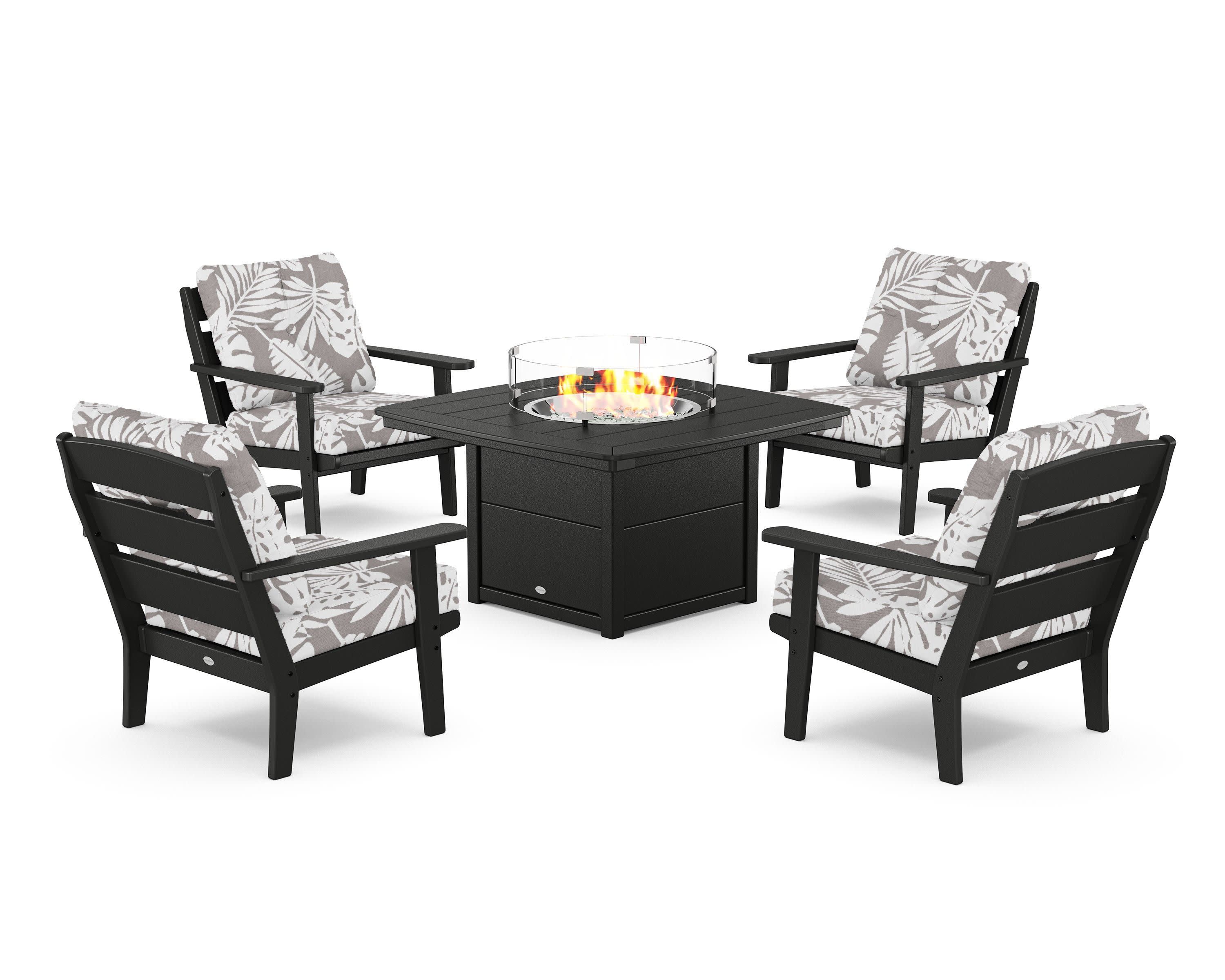 Lakeside 5-Piece Deep Seating Set with Nautical Fire Pit Table in Black / Leaf Grey Mist