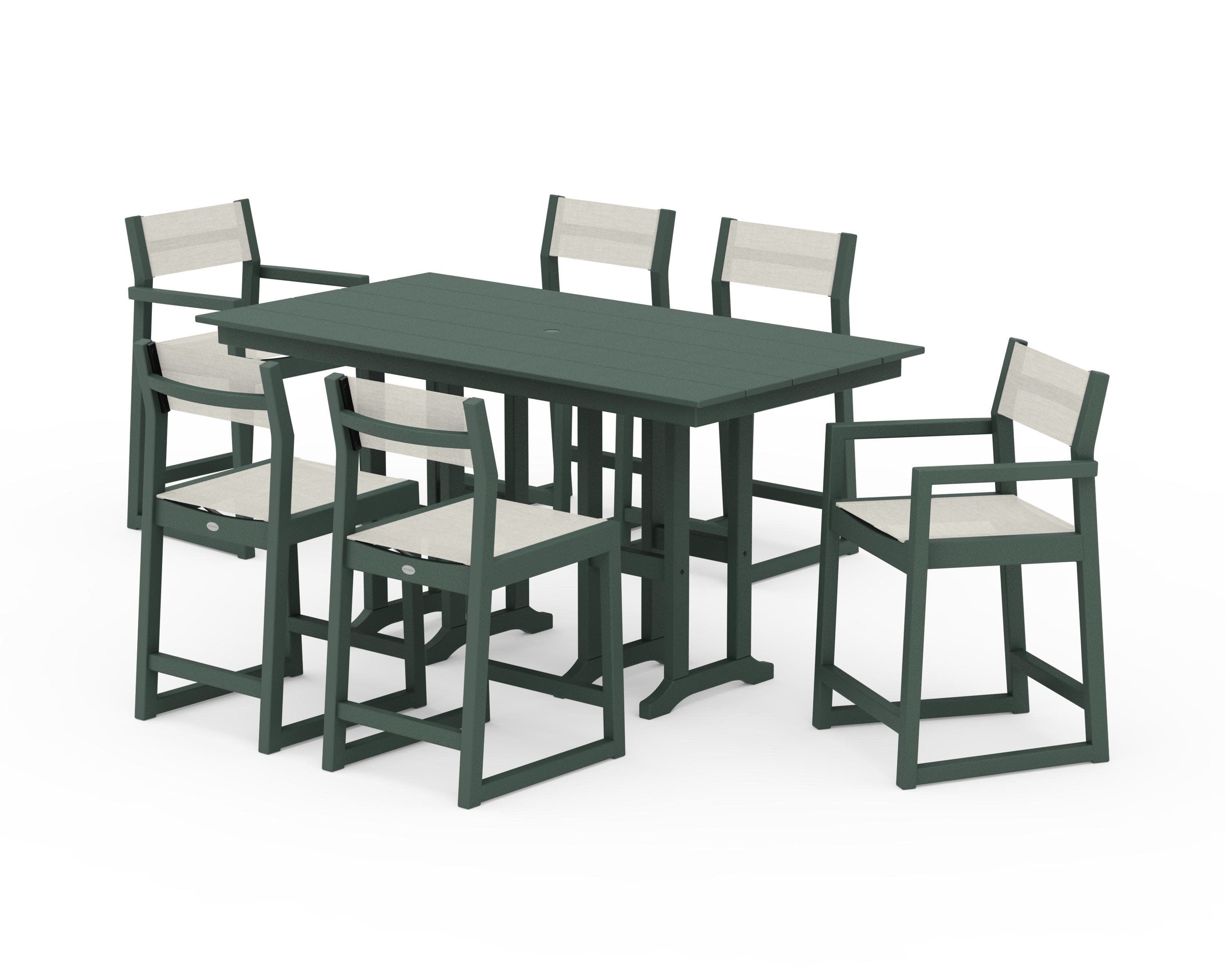 EDGE Sling 7-Piece Farmhouse Counter Set with Trestle Legs in Green / Parchment Sling