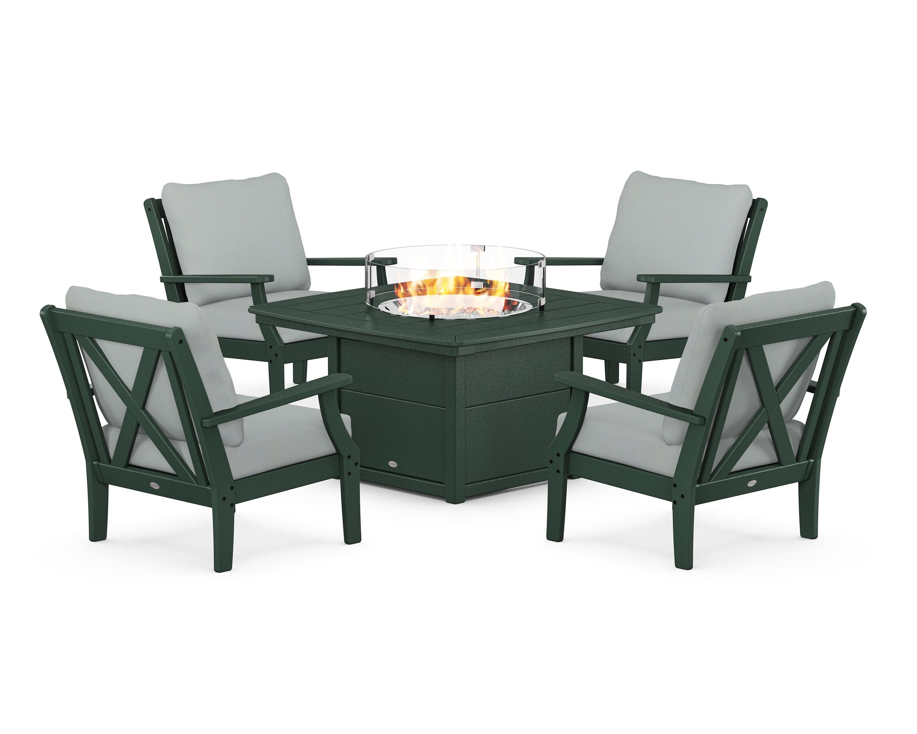 Braxton 5-Piece Deep Seating Conversation Set with Fire Pit Table in Green / Spa