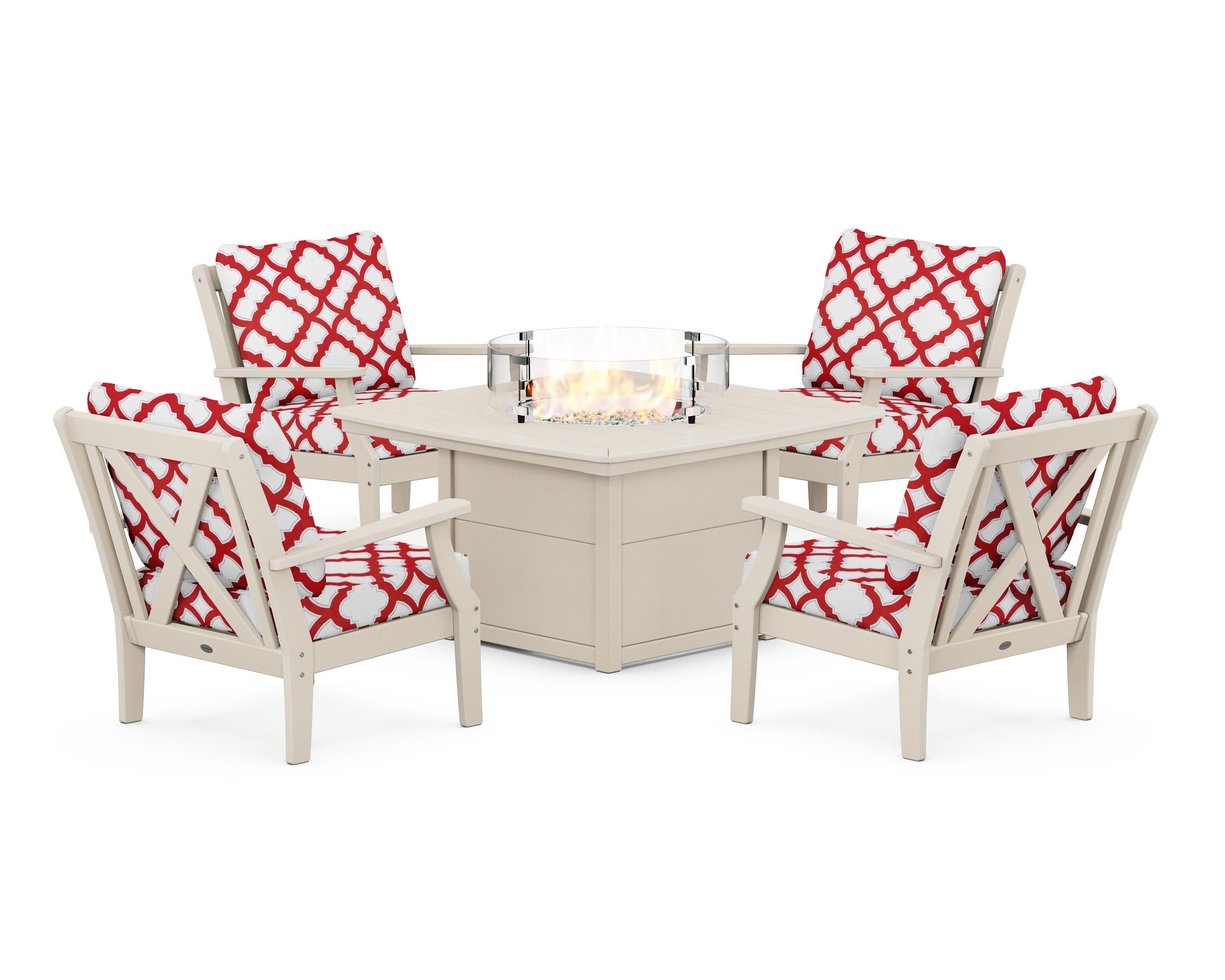 Braxton 5-Piece Deep Seating Conversation Set with Fire Pit Table in Sand / Trellis Crimson