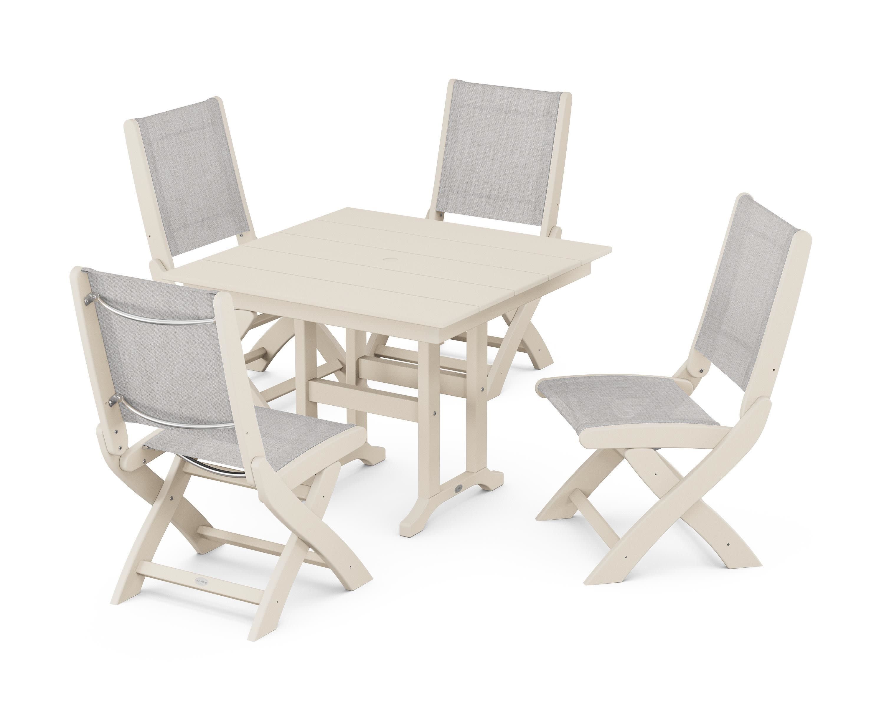 Coastal Folding Side Chair 5-Piece Farmhouse Dining Set in Sand / Parchment Sling