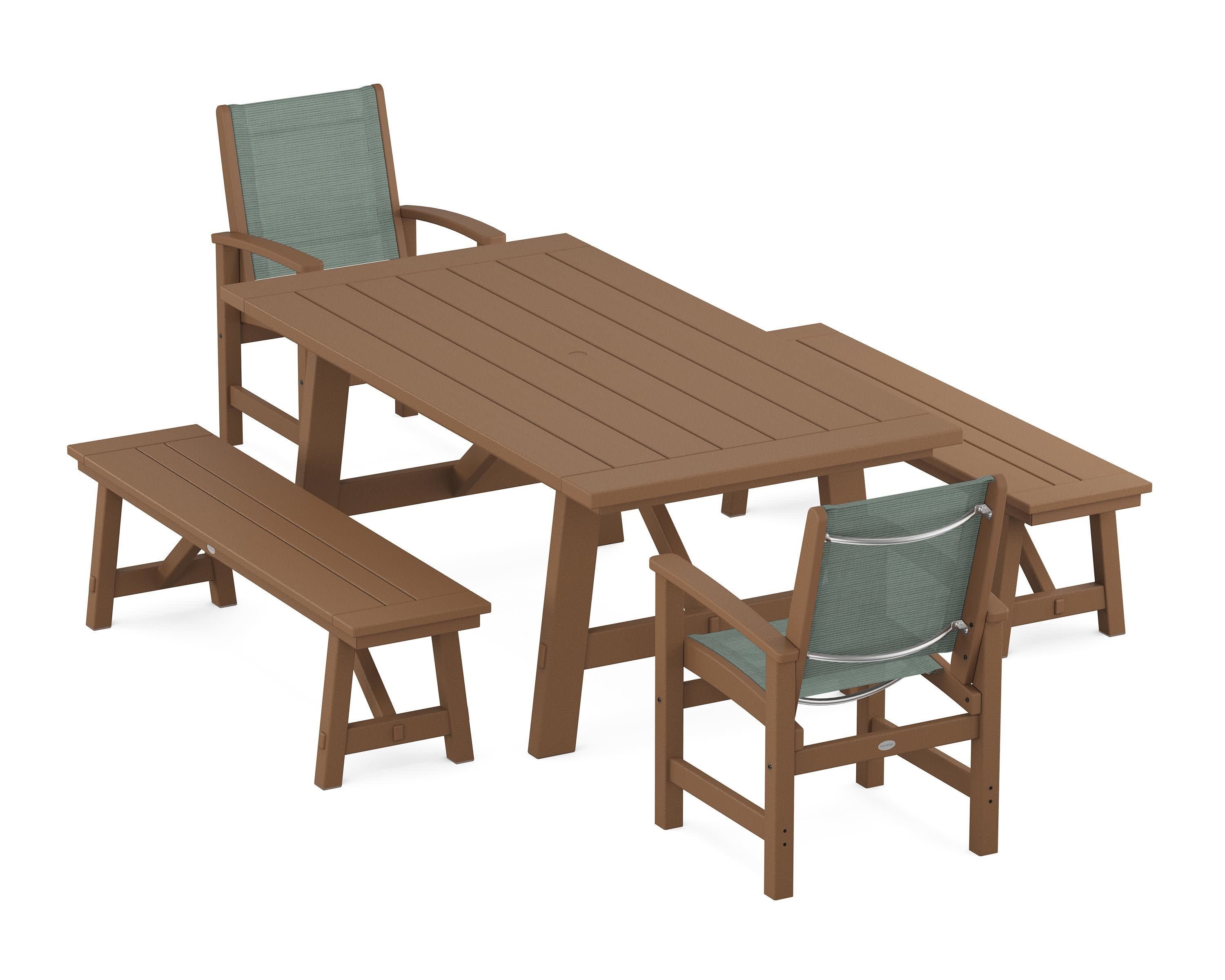 Coastal 5-Piece Rustic Farmhouse Dining Set With Benches in Teak / Dupioni Sea Mist Sling