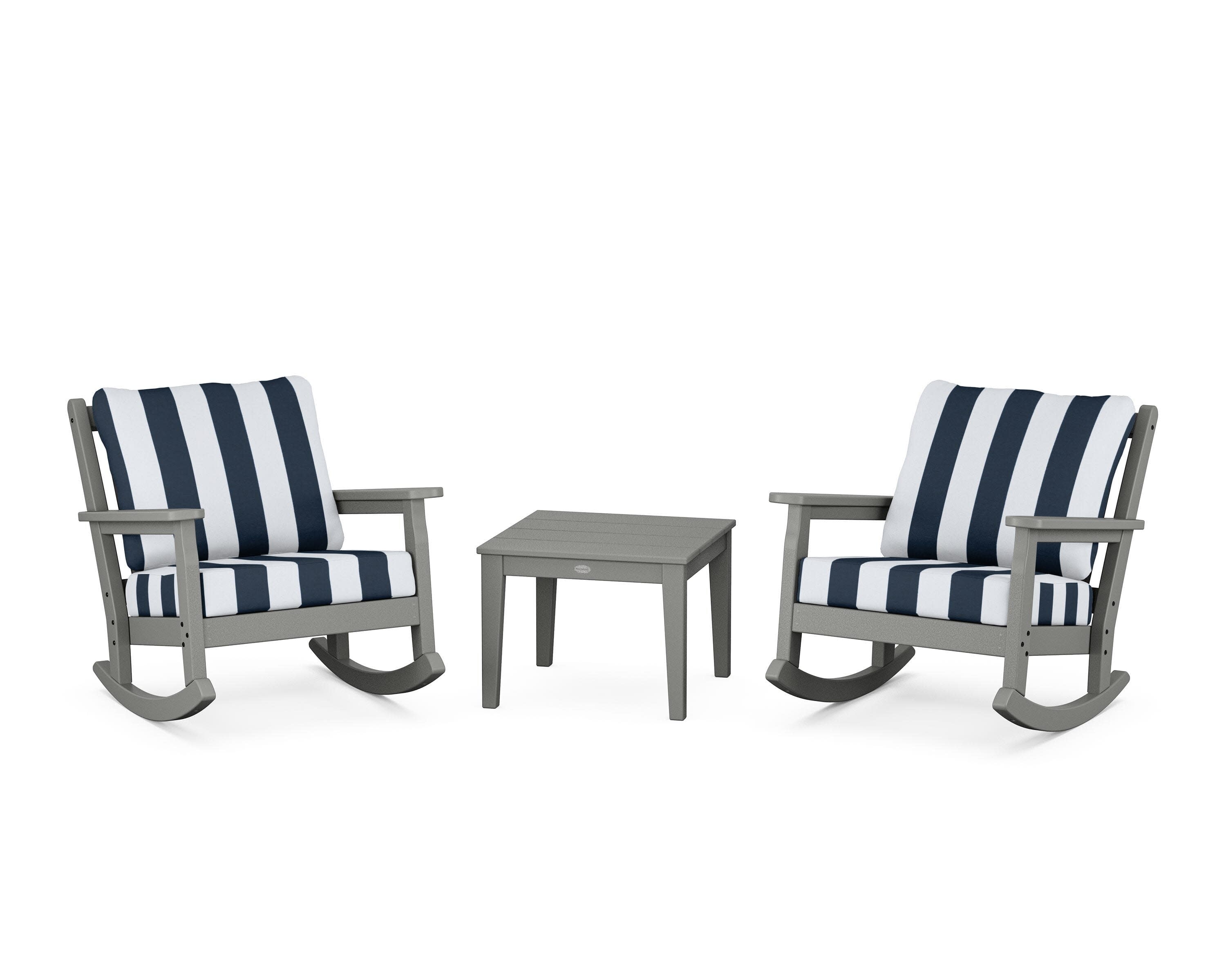 Chippendale 3-Piece Deep Seating Rocker Set in Slate Grey / Cabana Stripe Marine Indigo