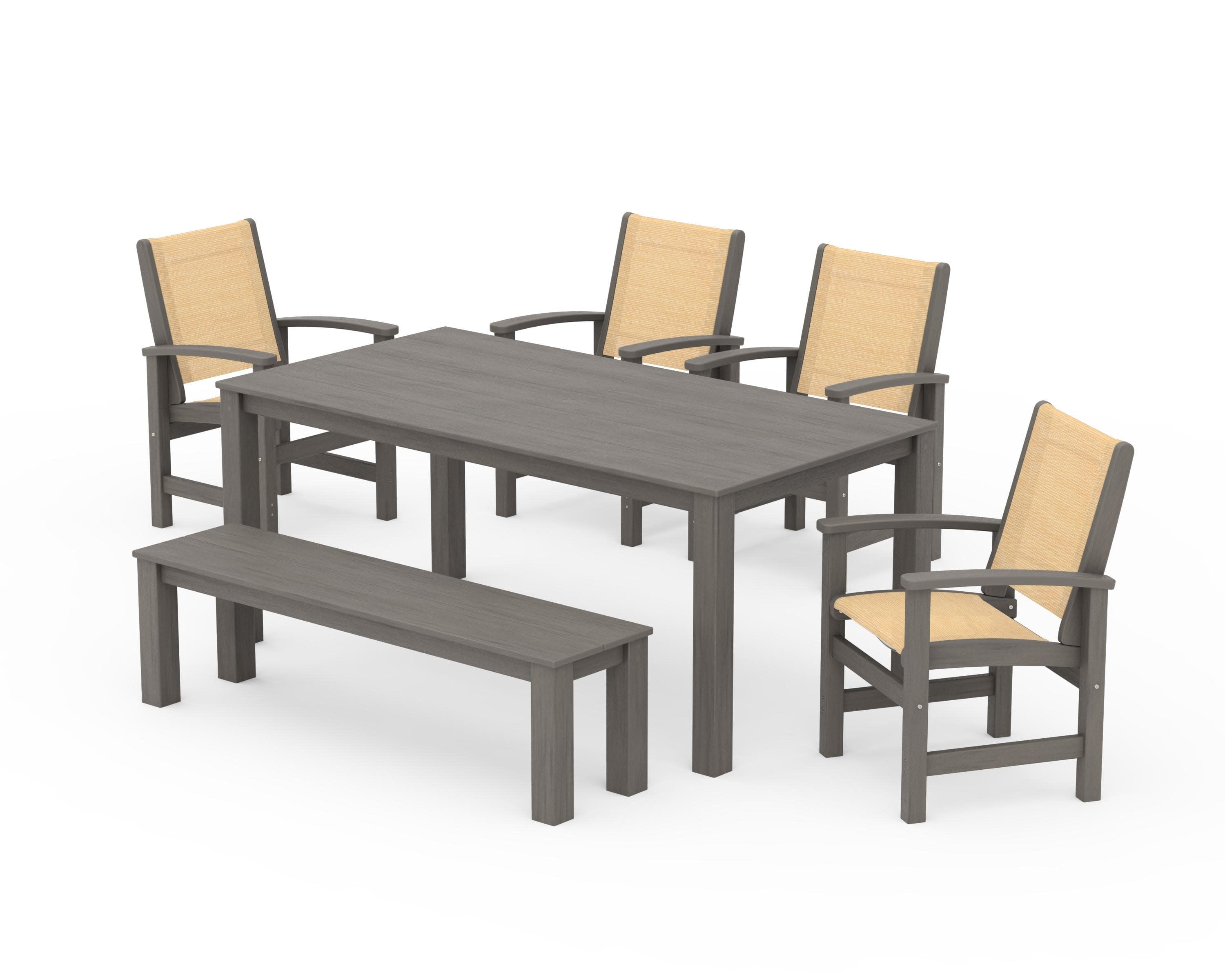 Coastal 6-Piece Parsons Dining Set with Bench in Driftwood / Dupioni Apricot Sling