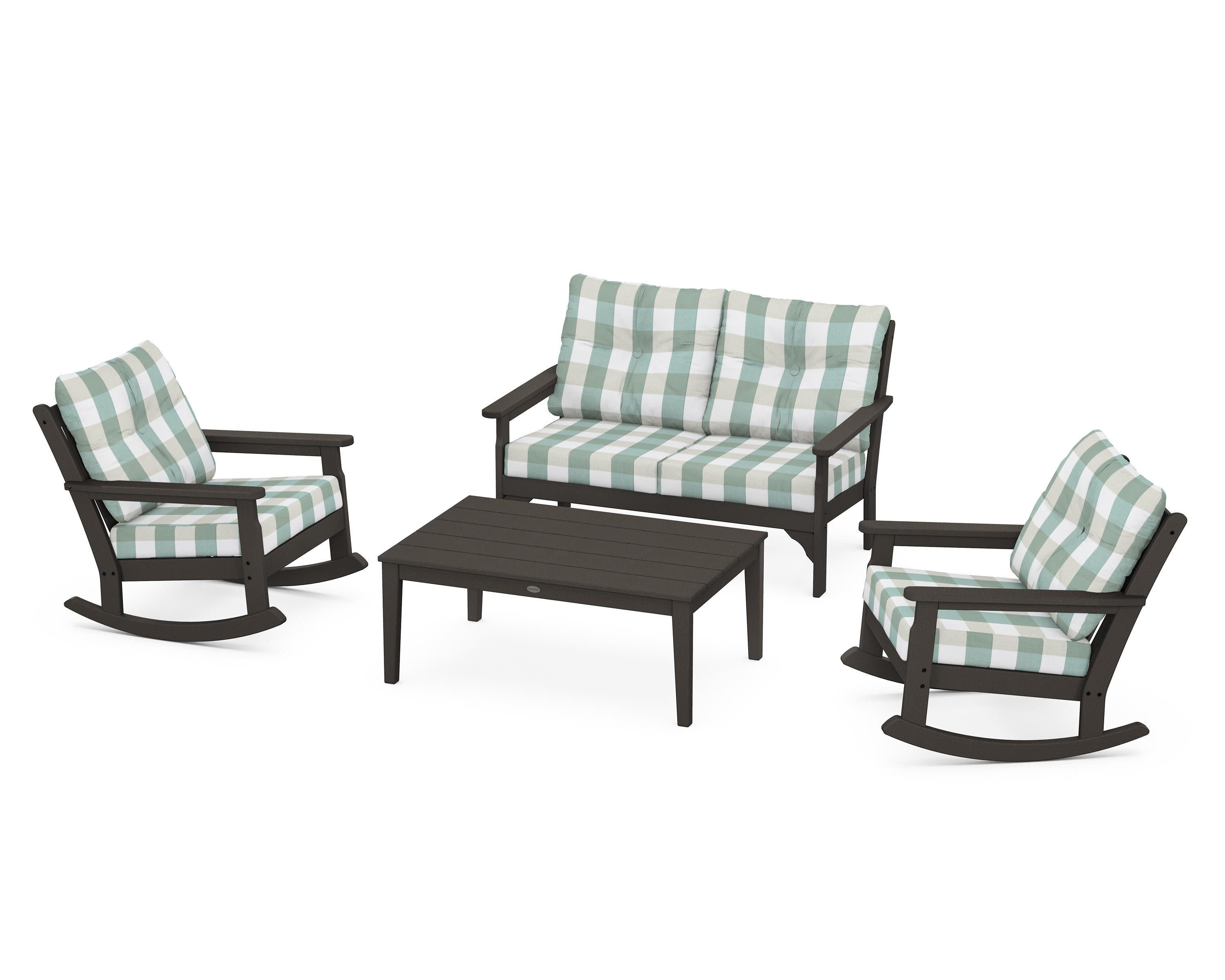 Vineyard 4-Piece Deep Seating Rocking Chair Set in Vintage Coffee / Buffalo Plaid Glacier Spa