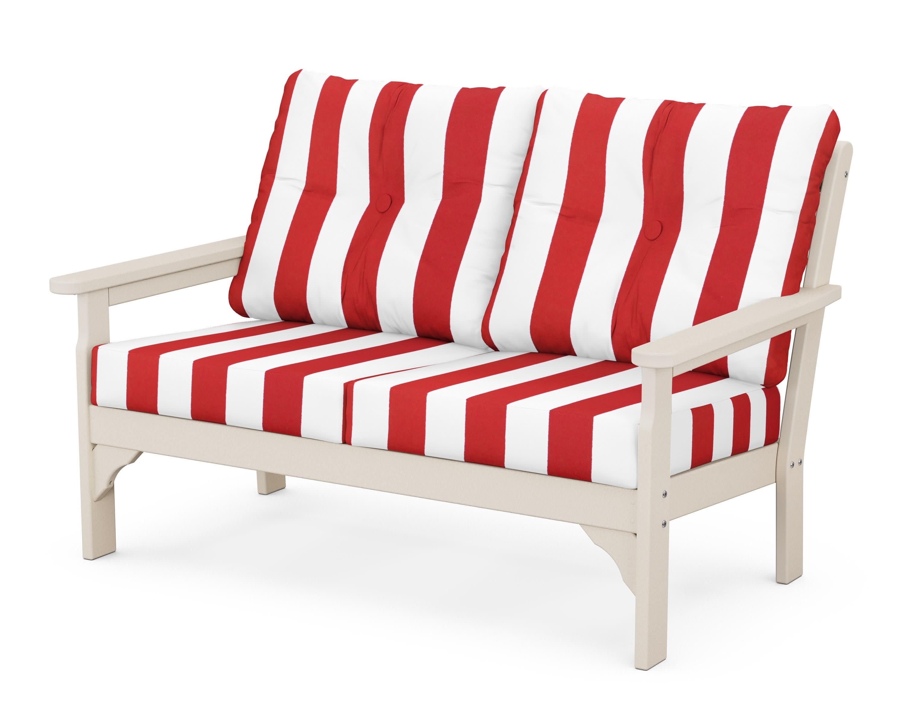 Vineyard Deep Seating Loveseat in Sand / Cabana Stripe Crimson