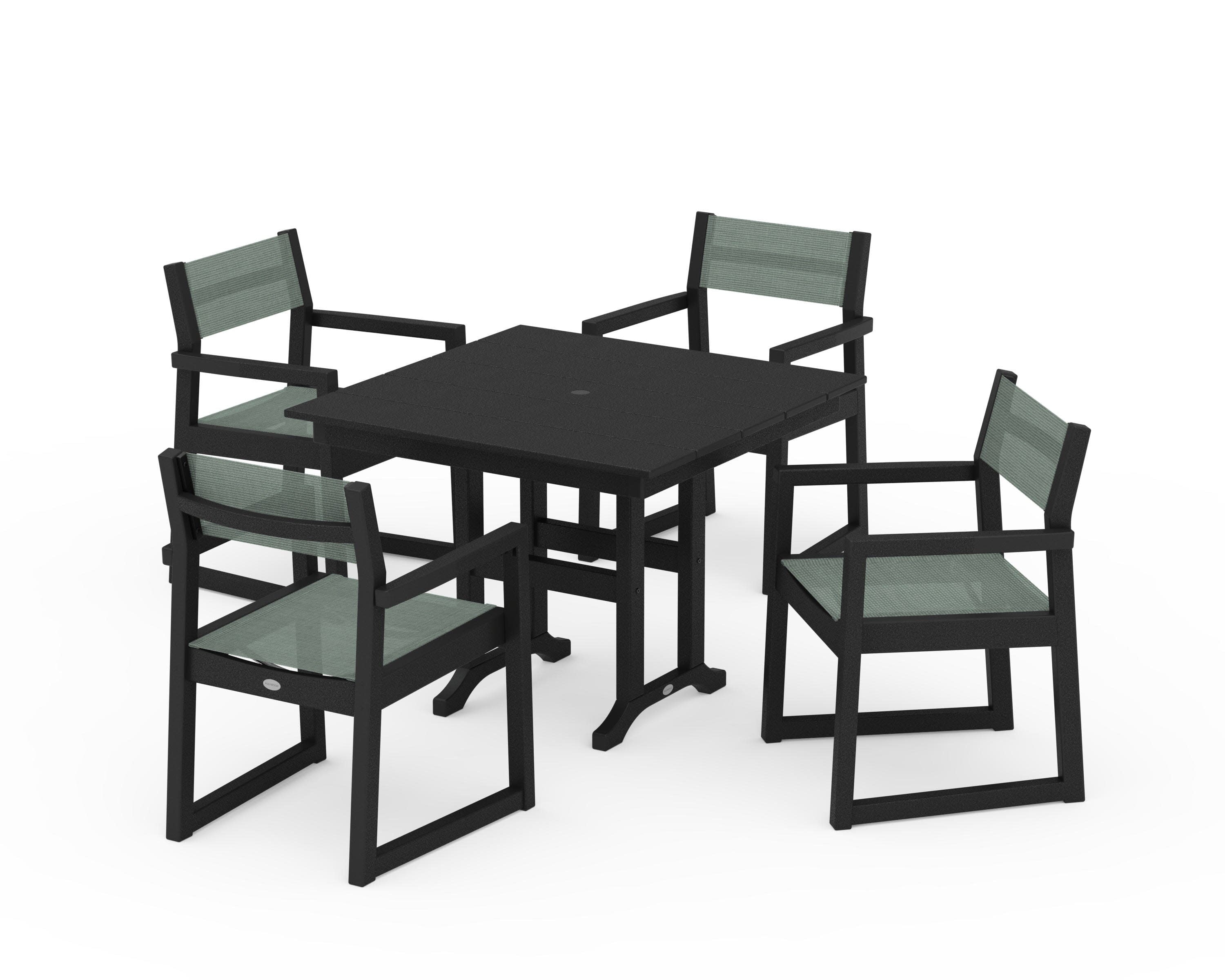 EDGE Sling Arm Chair 5-Piece Farmhouse Dining Set in Black / Dupioni Sea Mist Sling