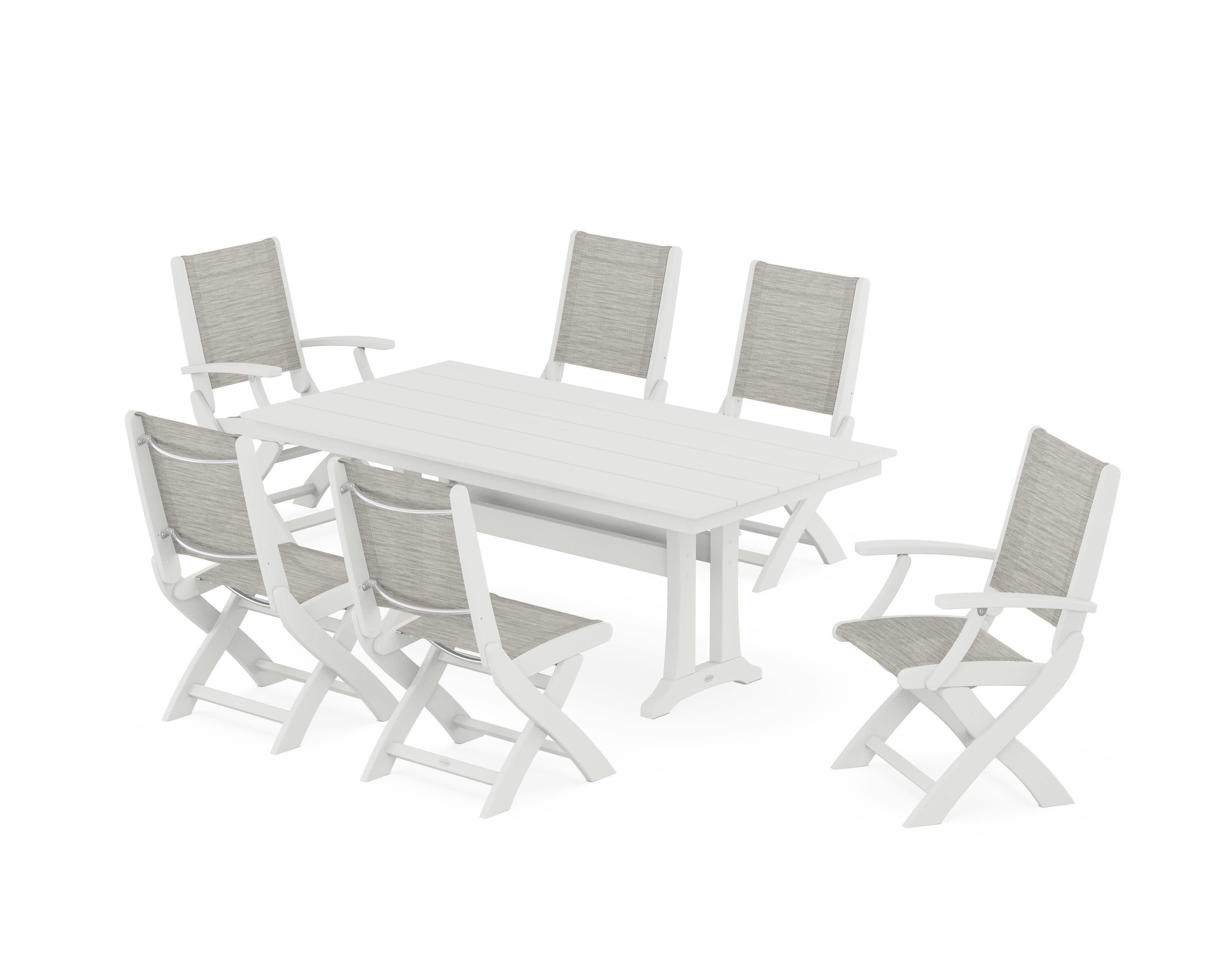 Coastal Folding Chair 7-Piece Farmhouse Dining Set with Trestle Legs in Vintage White / Birch Sling