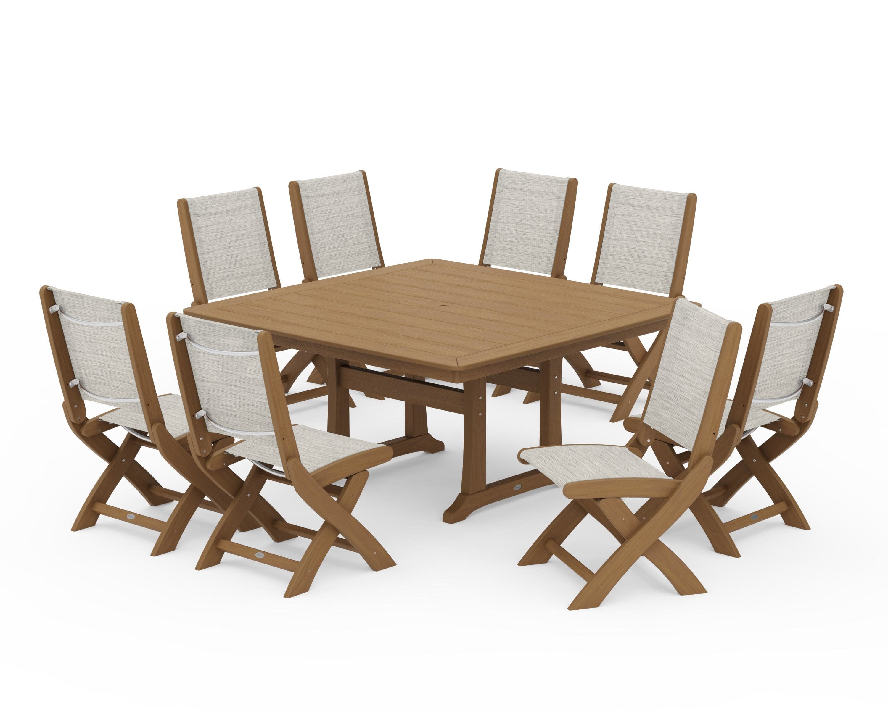 Coastal Folding Side Chair 9-Piece Dining Set with Trestle Legs in Natural / Birch Sling