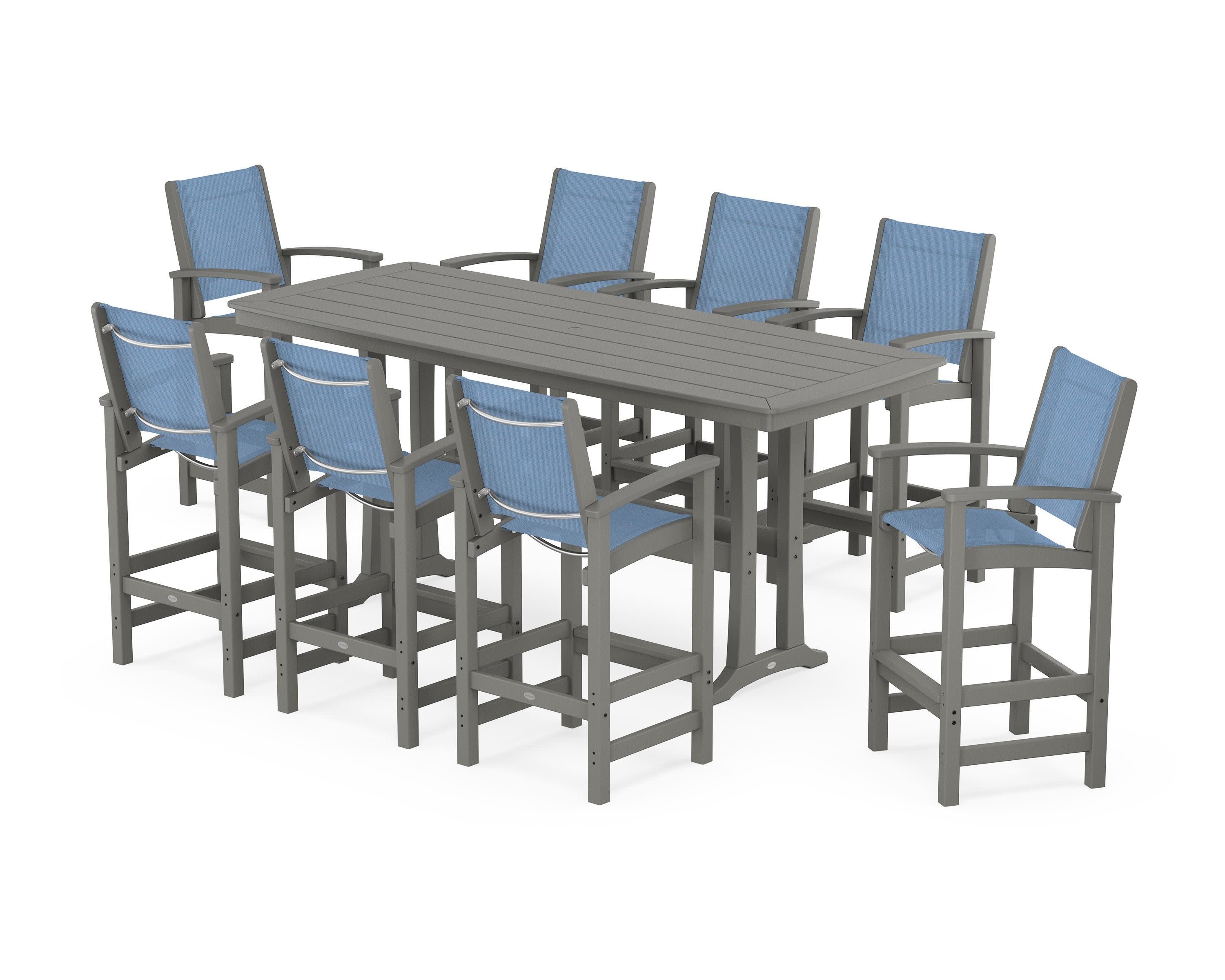 Coastal 9-Piece Bar Set with Trestle Legs in Slate Grey / Poolside Sling