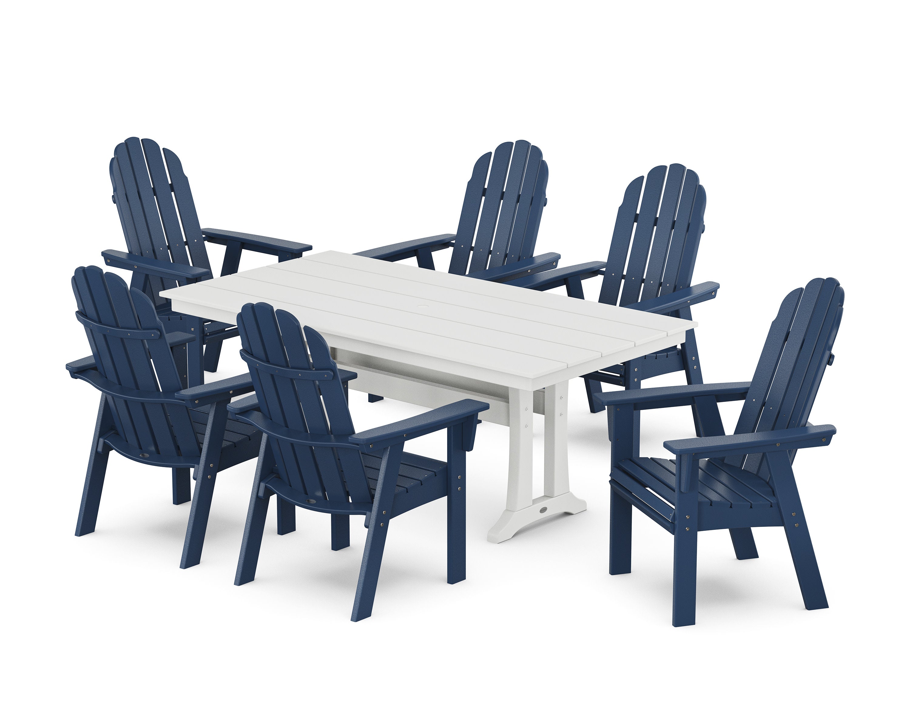 Vineyard Curveback Adirondack Chair 7-Piece Farmhouse Dining Set with Trestle Legs in Navy / White