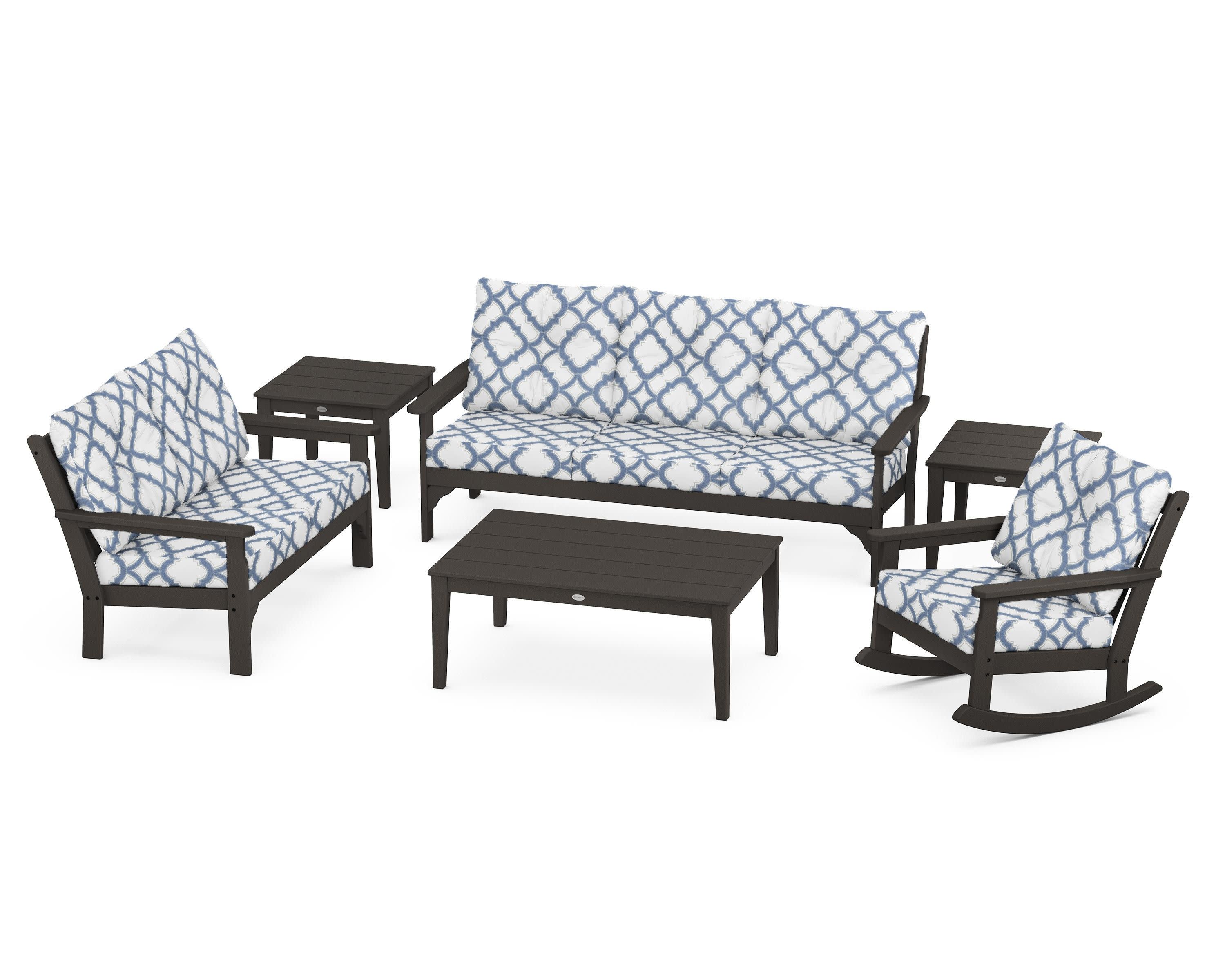 Vineyard 6-Piece Deep Seating Set in Vintage Coffee / Trellis Sky Blue