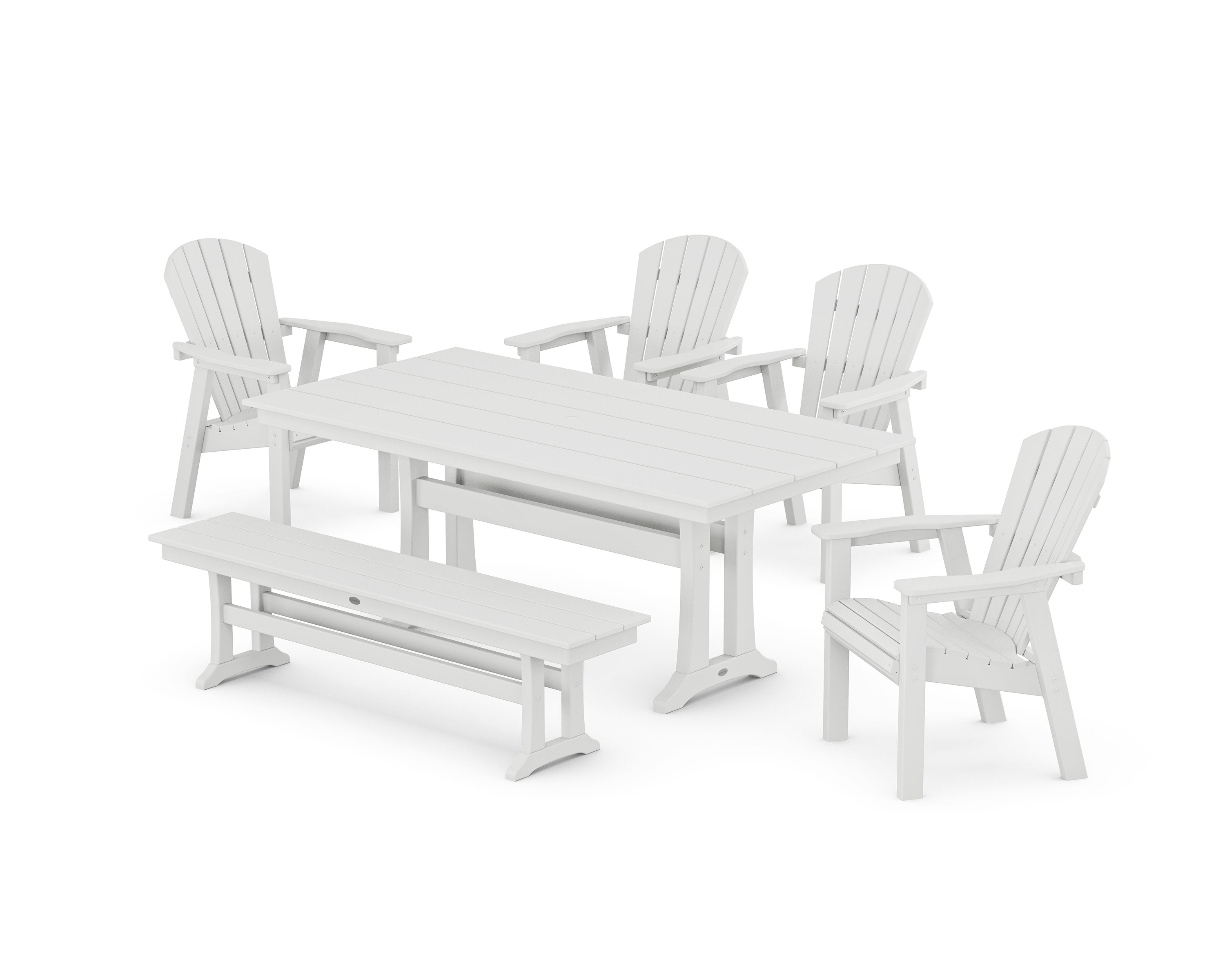 Seashell 6-Piece Farmhouse Dining Set with Trestle Legs and Bench in White