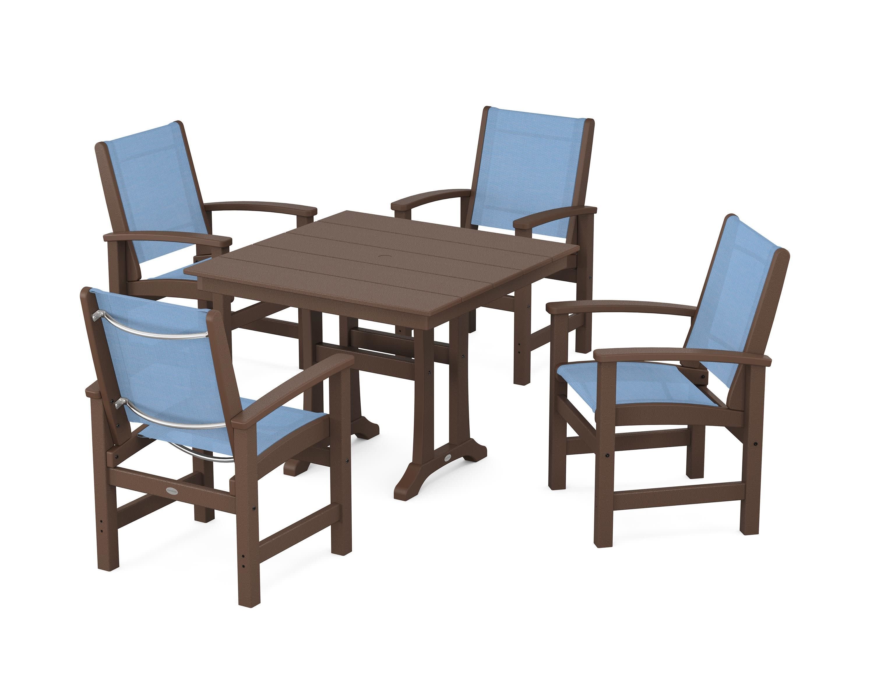 Coastal 5-Piece Farmhouse Dining Set With Trestle Legs in Mahogany / Poolside Sling
