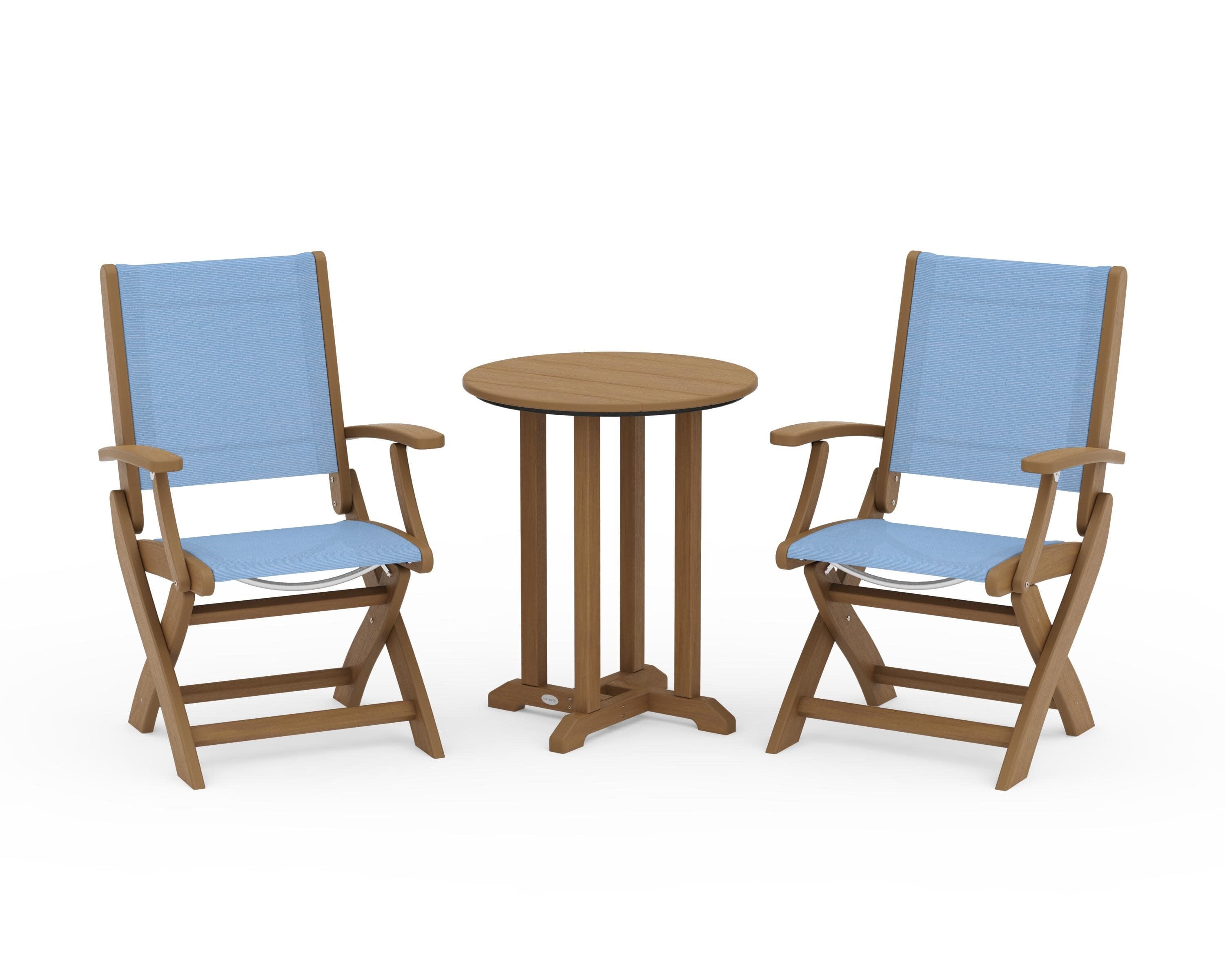 Coastal Folding 3-Piece Round Bistro Dining Set in Natural / Poolside Sling