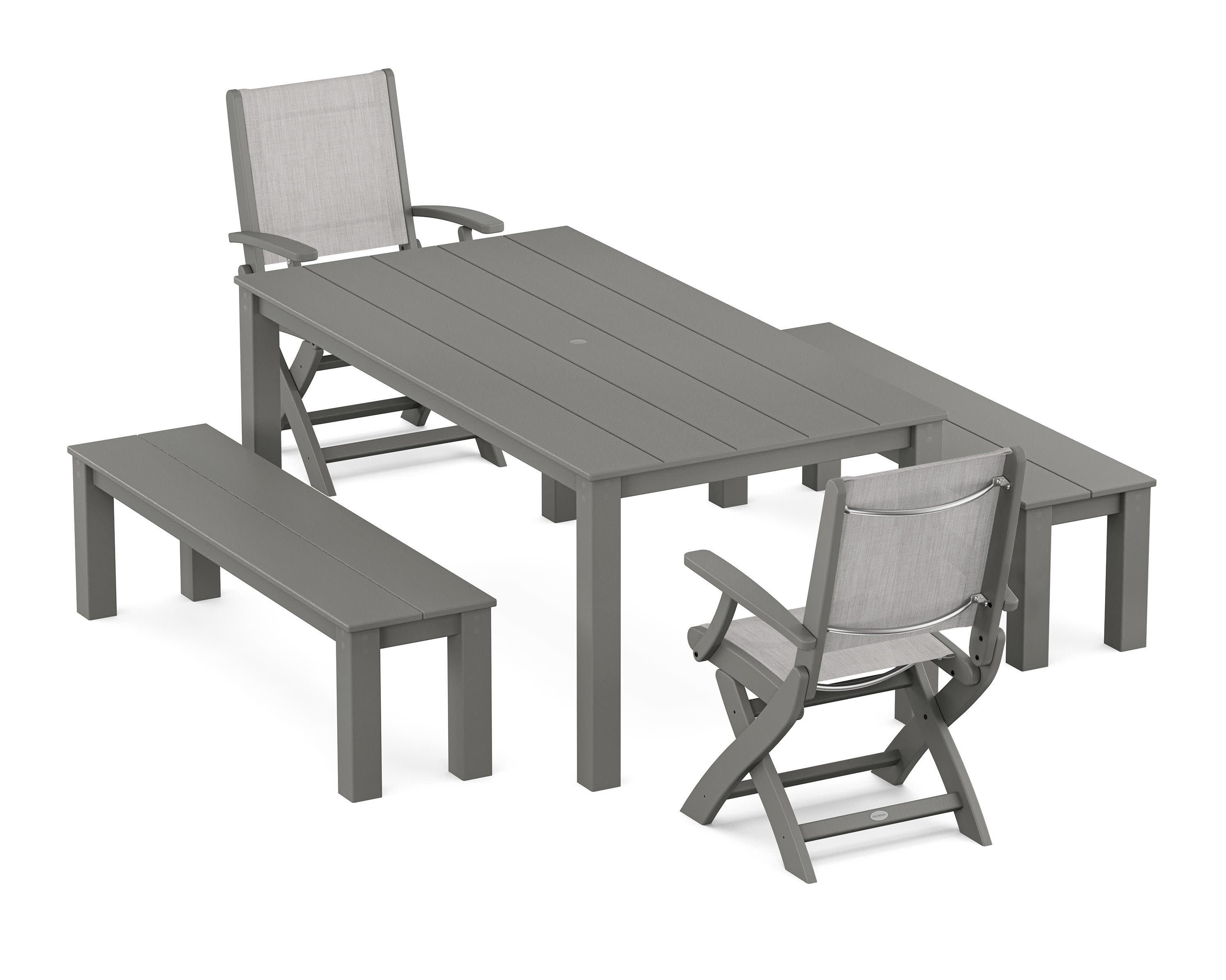 Coastal Folding Chair 5-Piece Parsons Dining Set with Benches in White / Dupioni Apricot Sling