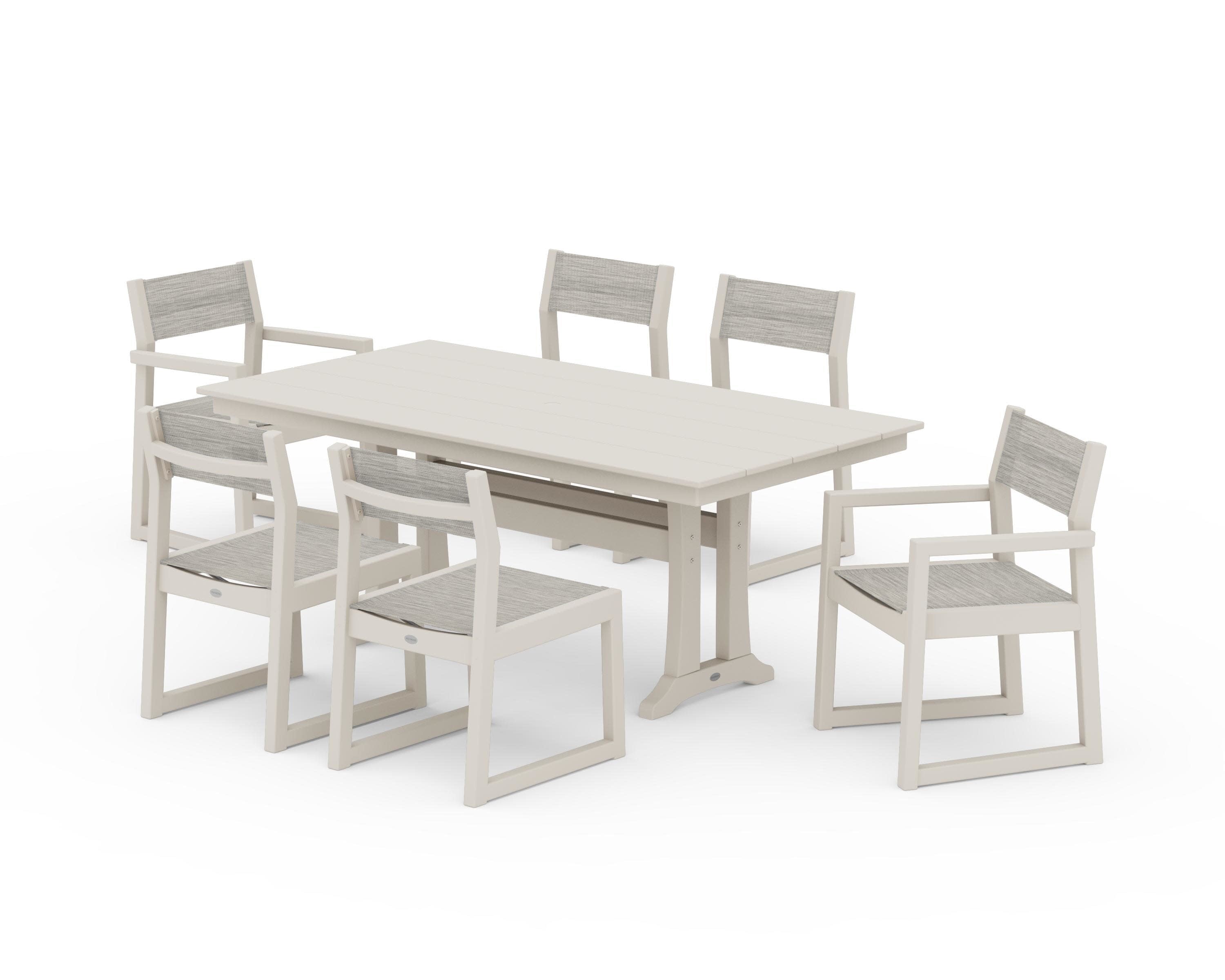 EDGE Sling 7-Piece Farmhouse Trestle Dining Set in Sand / Birch Sling