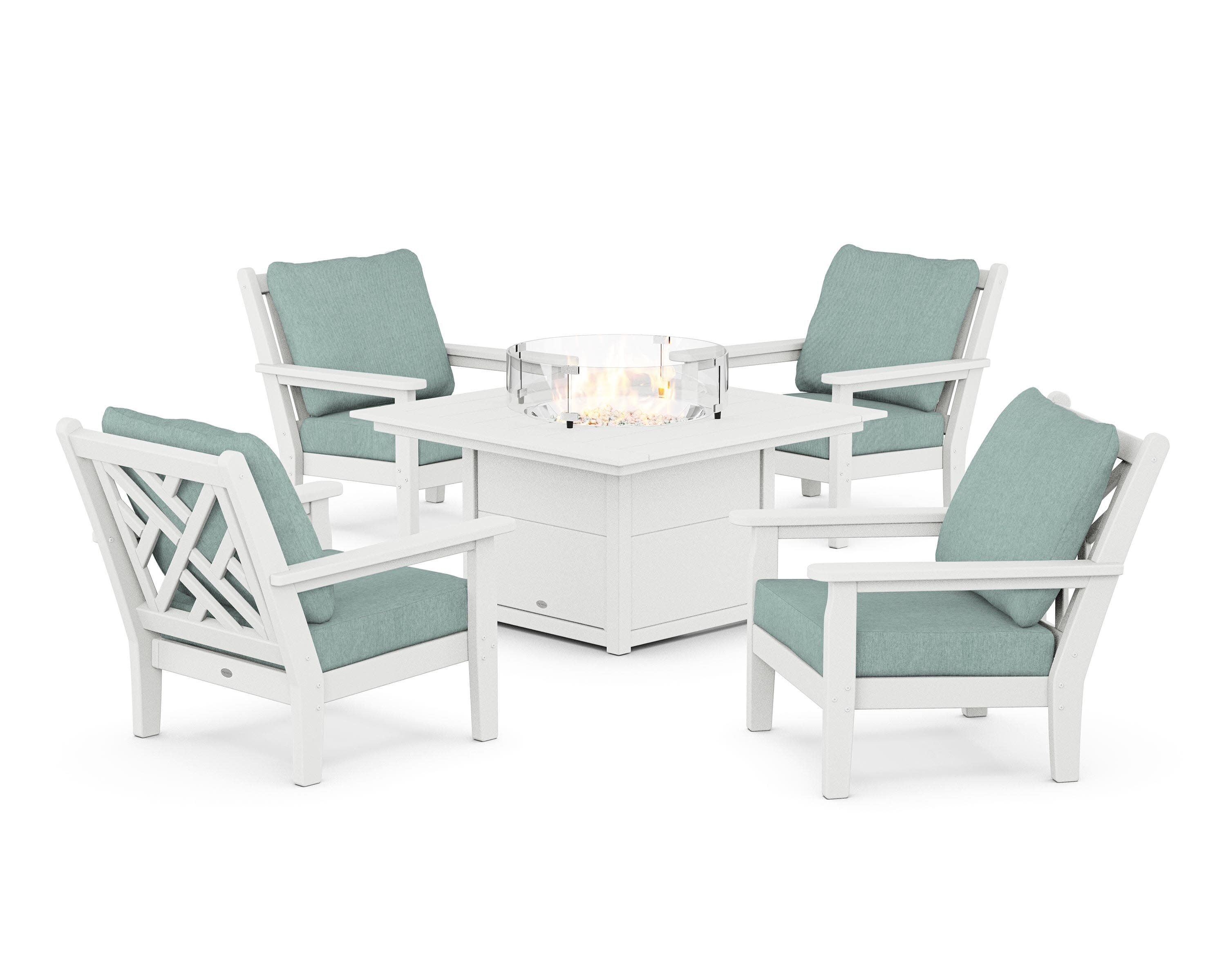 Chippendale 5-Piece Deep Seating Set with Fire Pit Table in White / Glacier Spa
