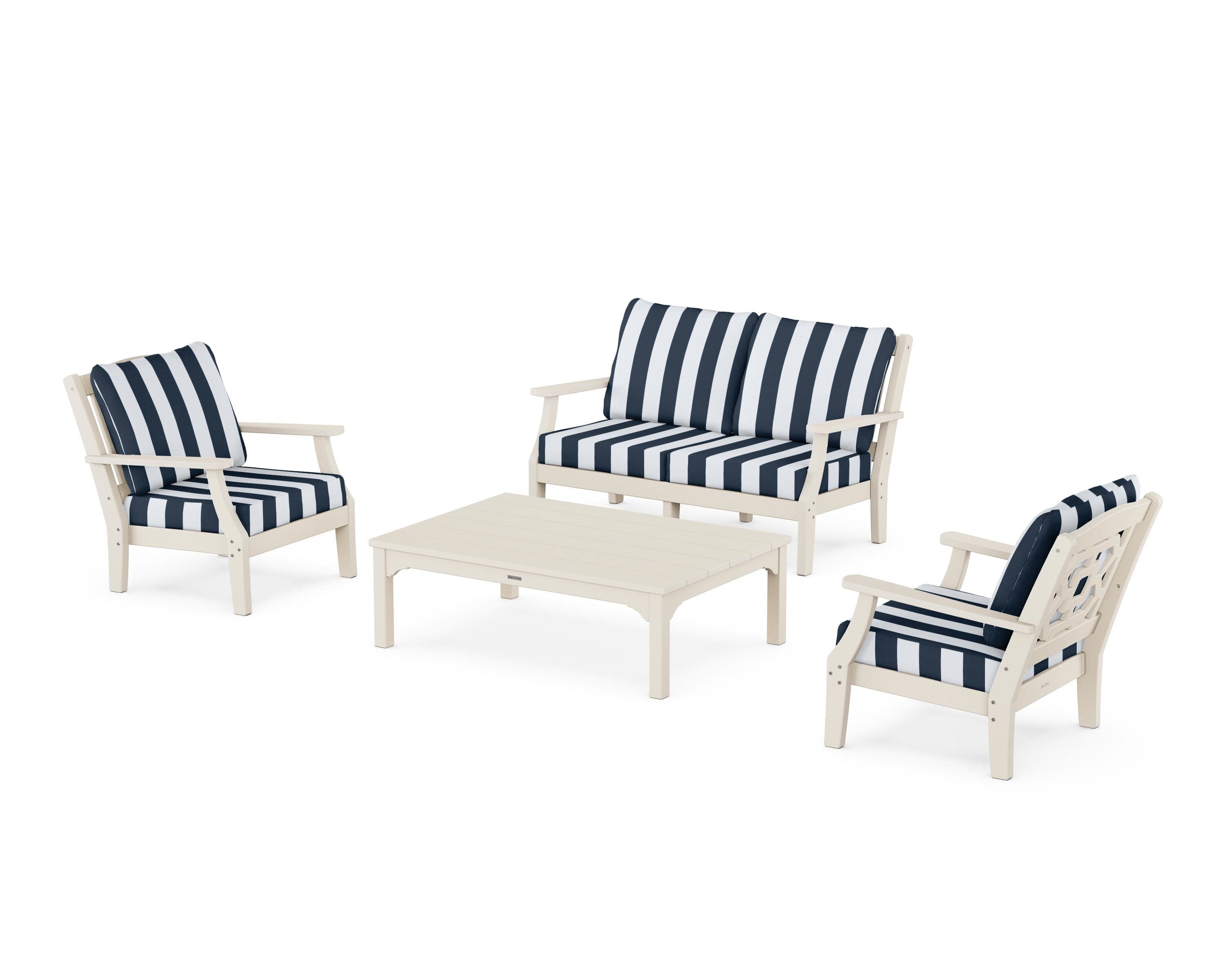Chinoiserie 4-Piece Deep Seating Set with Loveseat in Sand / Cabana Stripe Marine Indigo