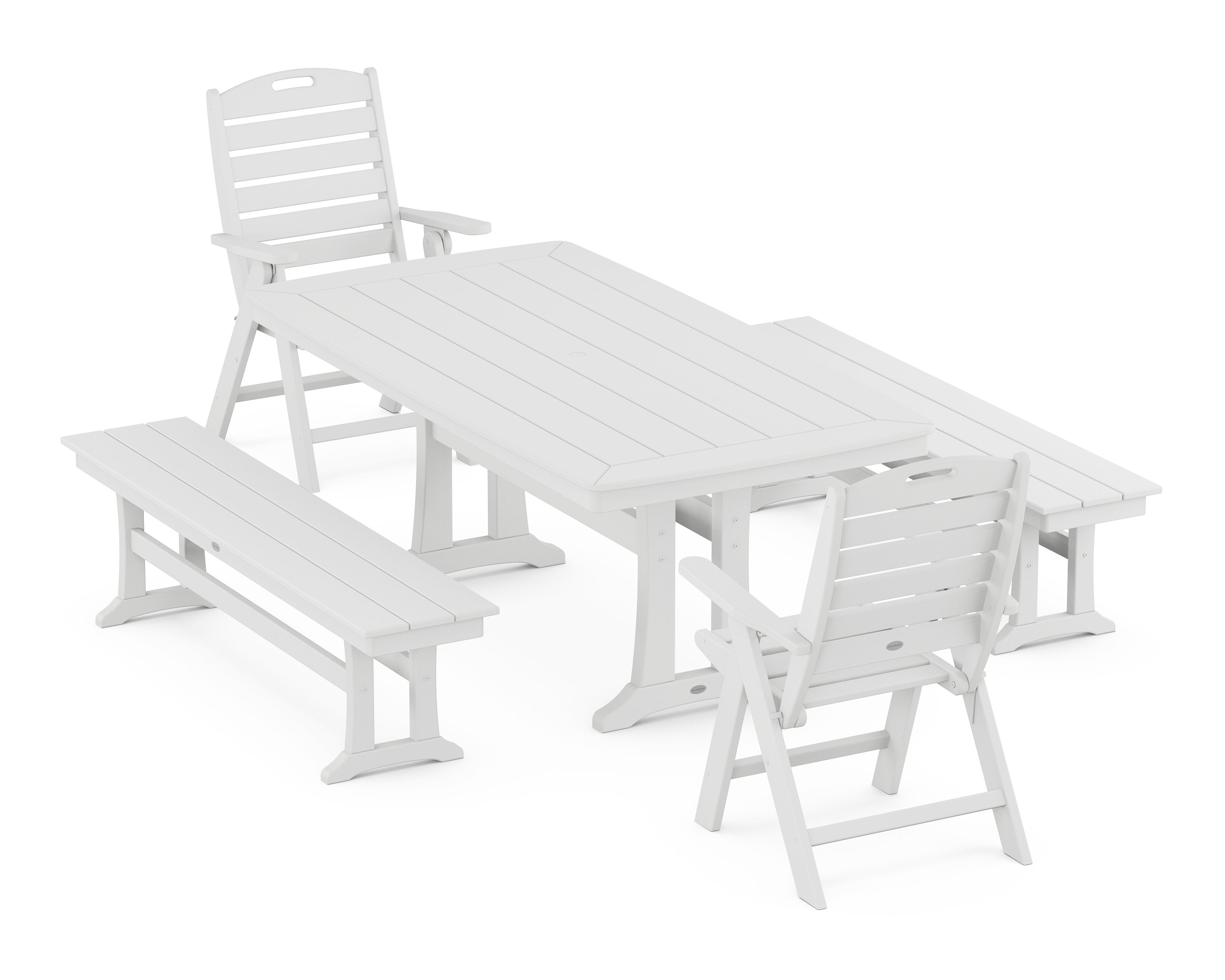 Nautical Folding Highback Chair 5-Piece Dining Set with Trestle Legs and Benches in White