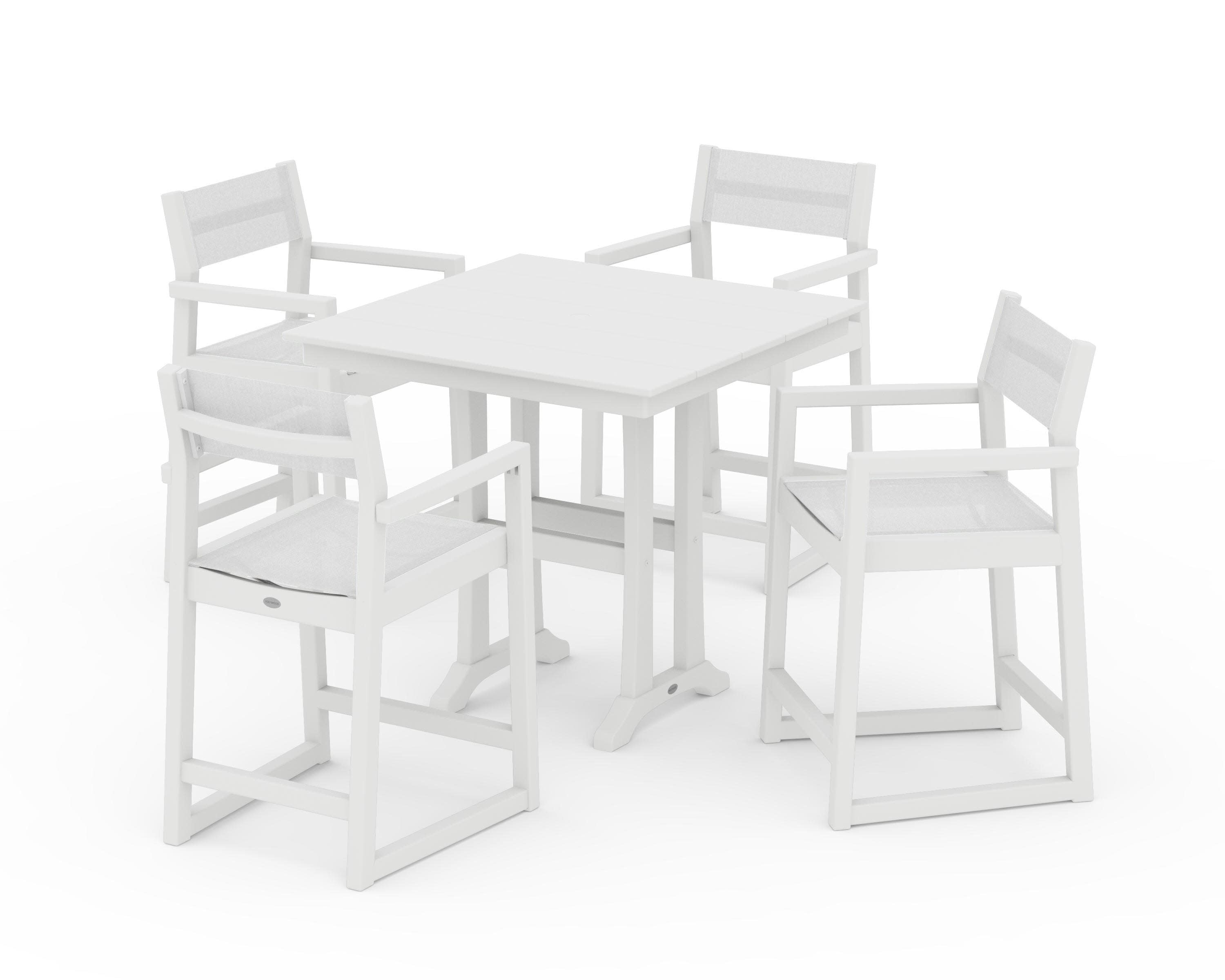 EDGE Sling Arm Chair 5-Piece Farmhouse Counter Set with Trestle Legs in White / White Sling