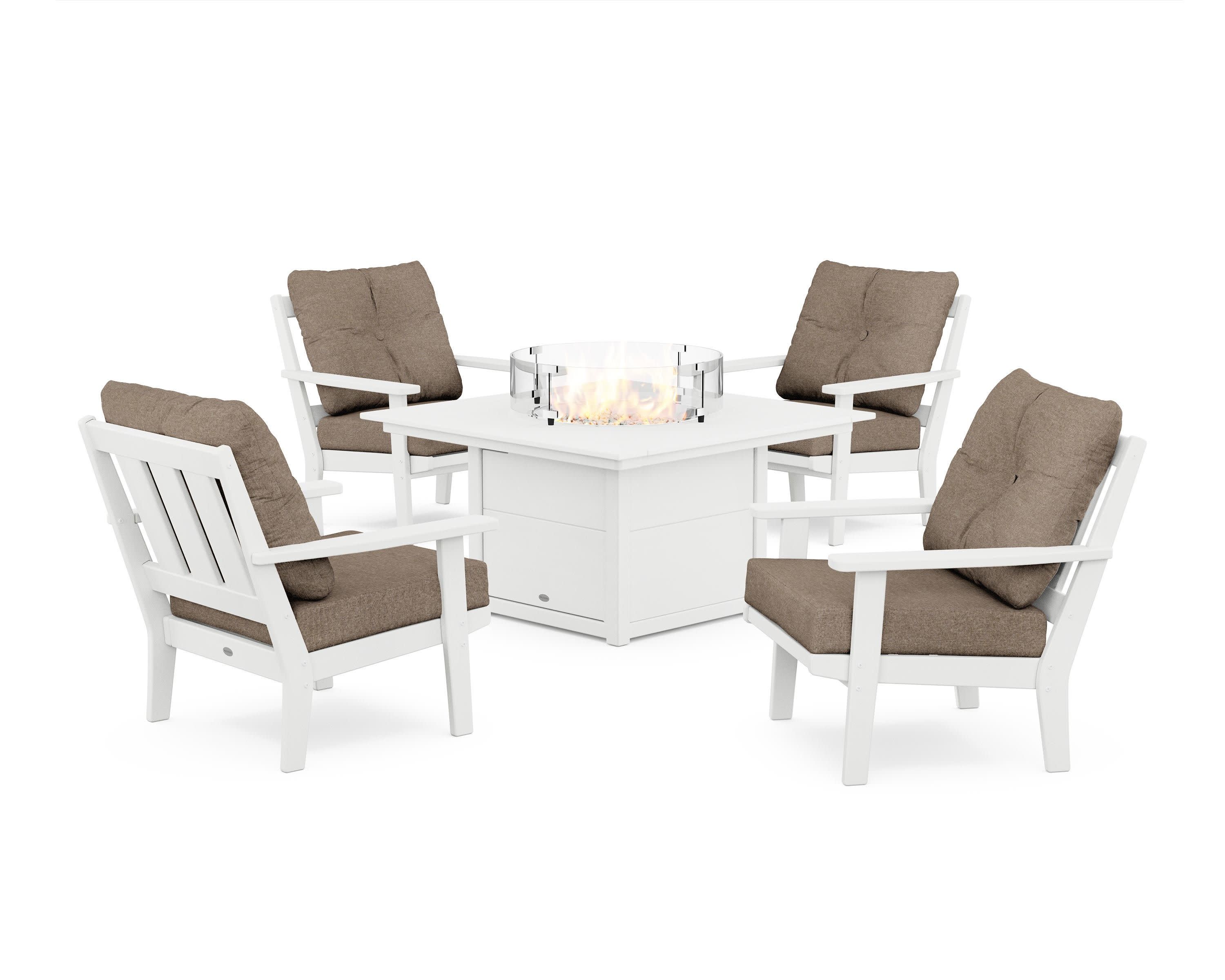 Oxford 5-Piece Deep Seating Set with Fire Pit Table in White / Spiced Burlap