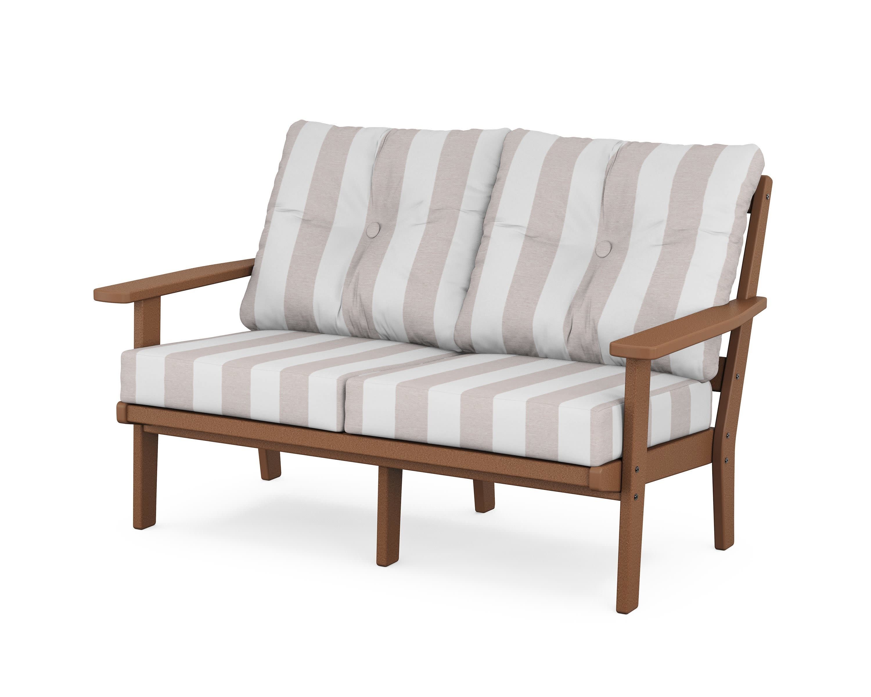 Prairie Deep SeatingLoveseat in Teak / Cabana Stripe Dune Burlap