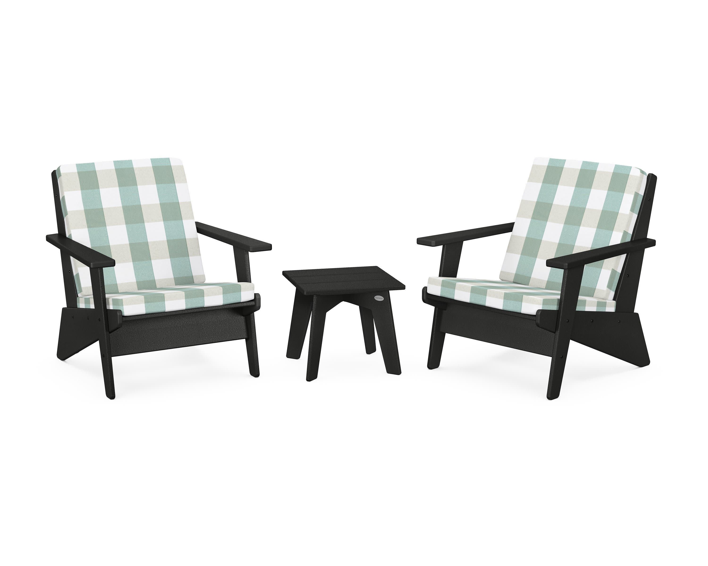 Riviera Modern Lounge 3-Piece Set in Black / Buffalo Plaid Glacier Spa