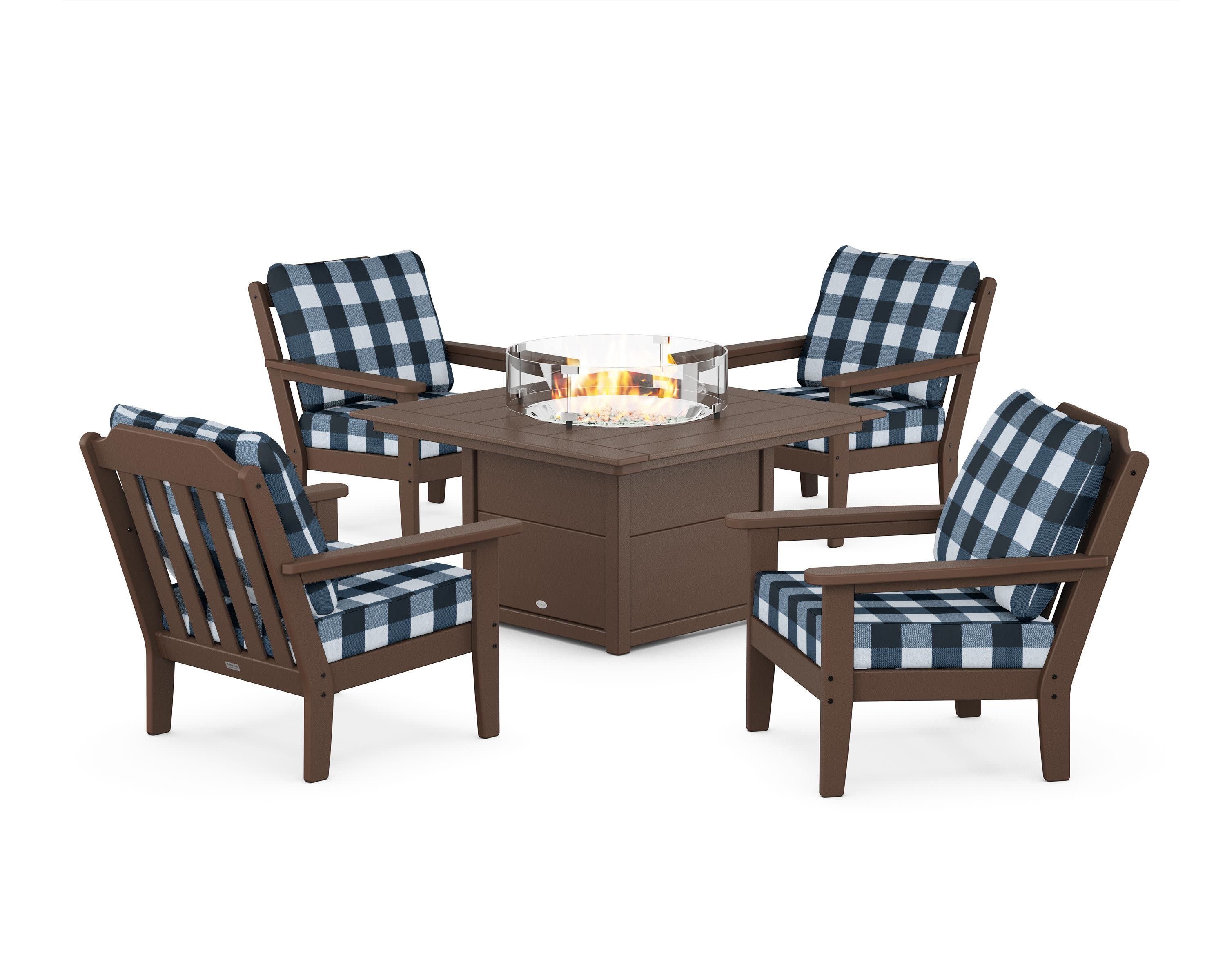 Cottage 5-Piece Deep Seating Set with Fire Pit Table in Mahogany / Buffalo Plaid Marine Indigo