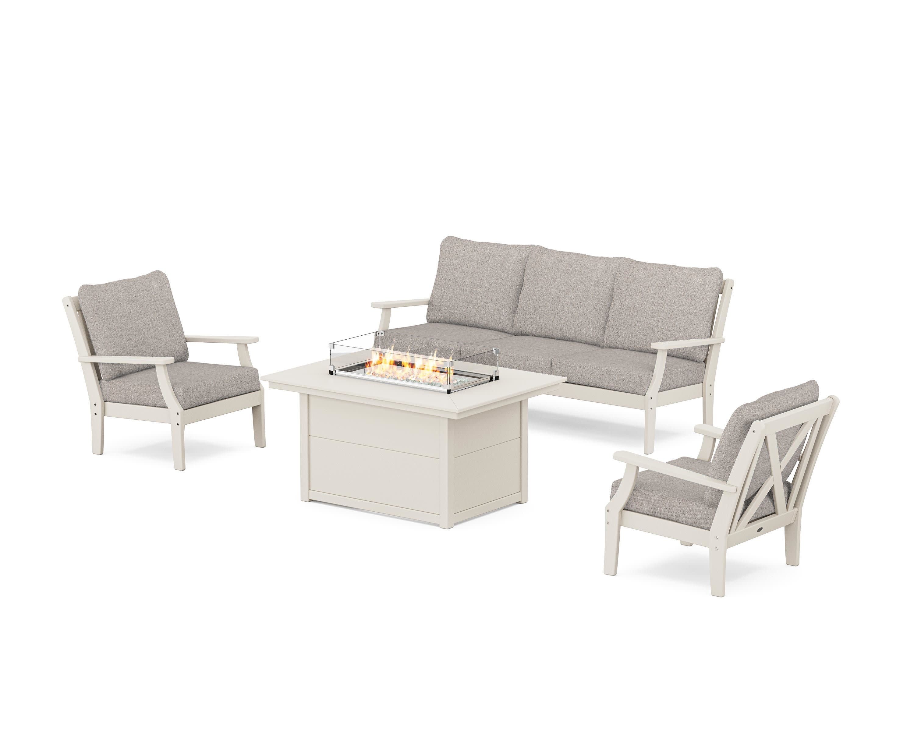 Braxton Deep Seating Fire Pit Table Set in Sand / Weathered Tweed