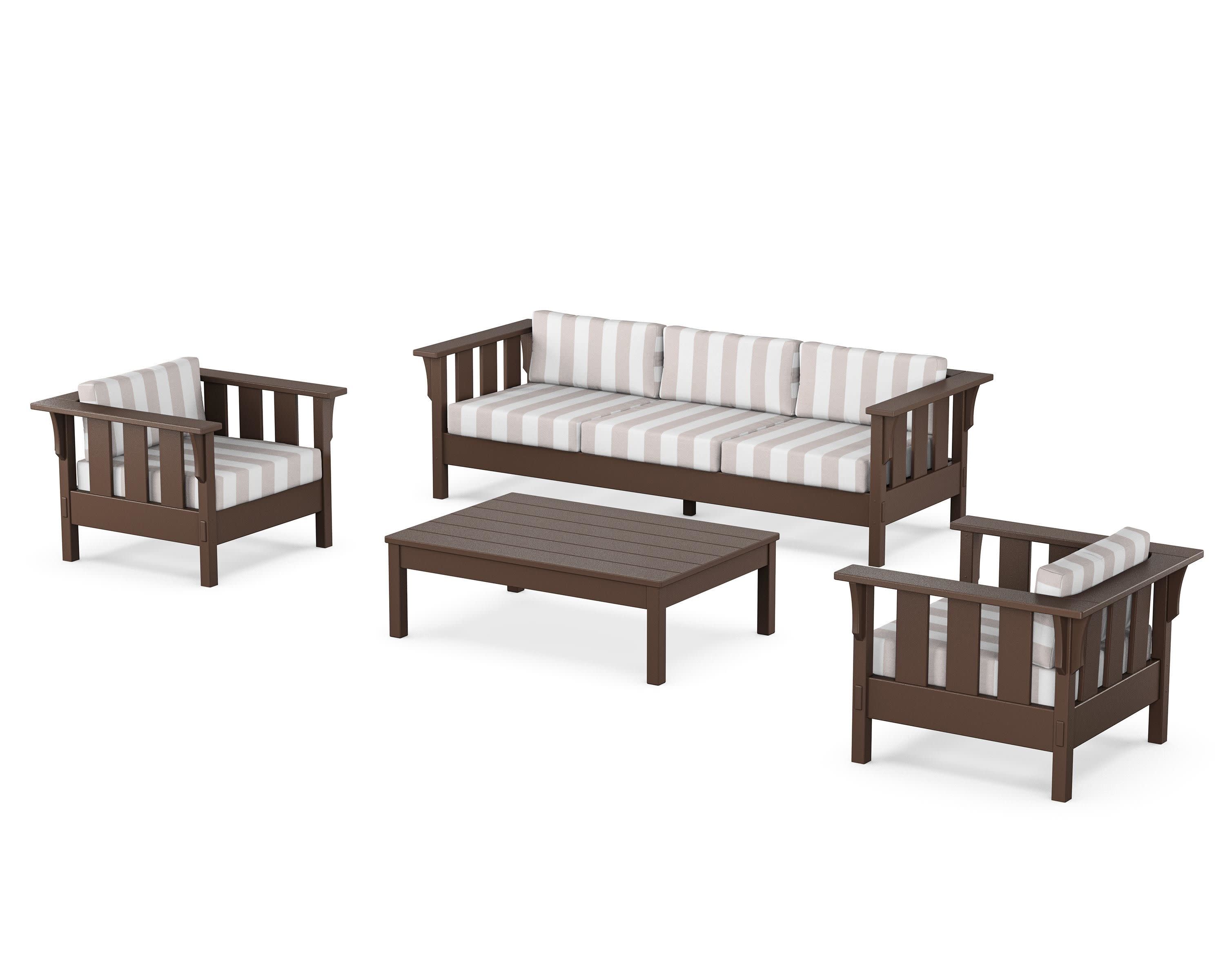 Acadia 4-Piece Deep Seating Set with Sofa in Mahogany / Cabana Stripe Dune Burlap