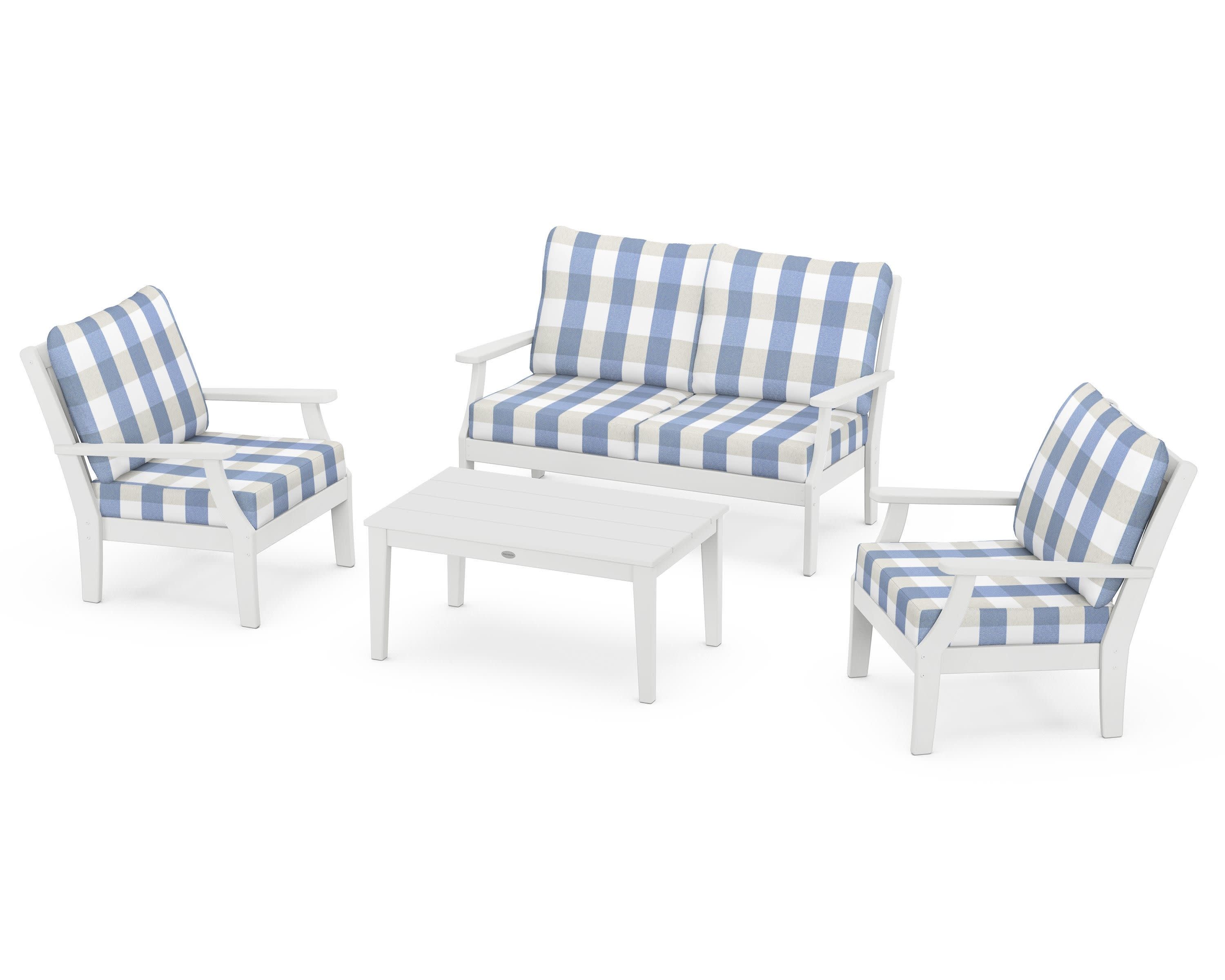 Braxton 4-Piece Deep Seating Chair Set in White / Buffalo Plaid Sky Blue