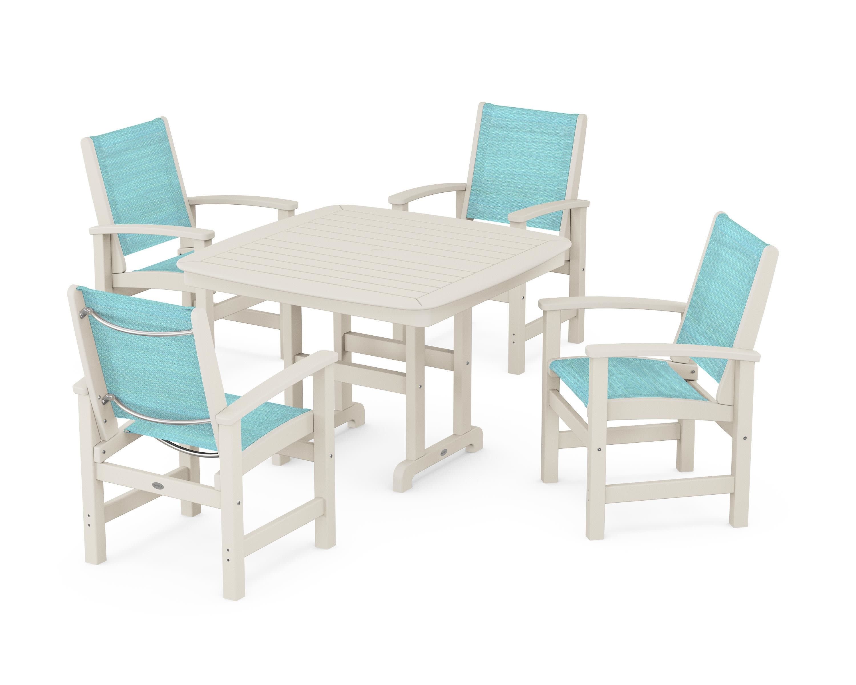 Coastal 5-Piece Dining Set in Sand / Dupioni Aquamarine Sling