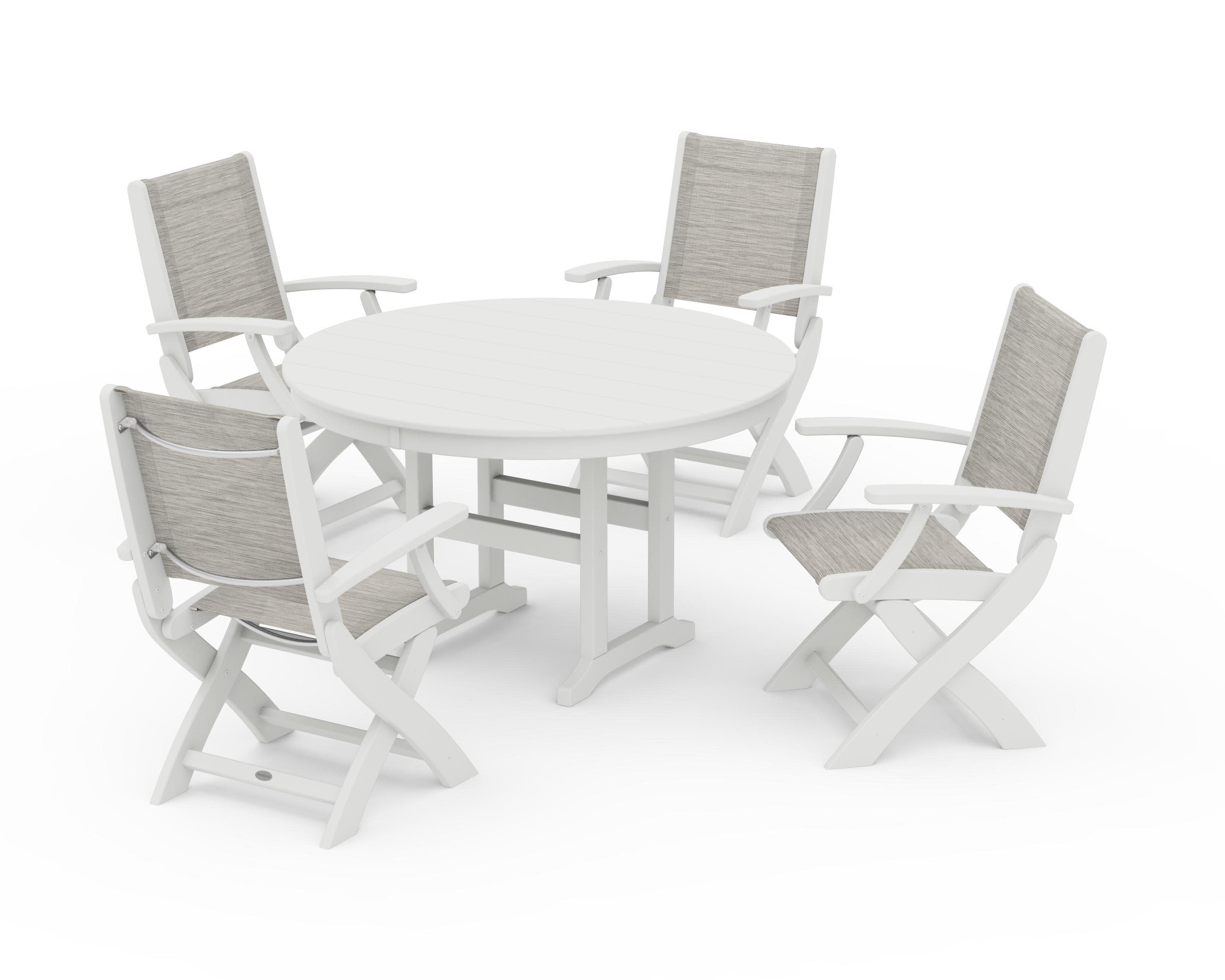 Coastal Folding Chair 5-Piece Round Dining Set in Vintage White / Birch Sling