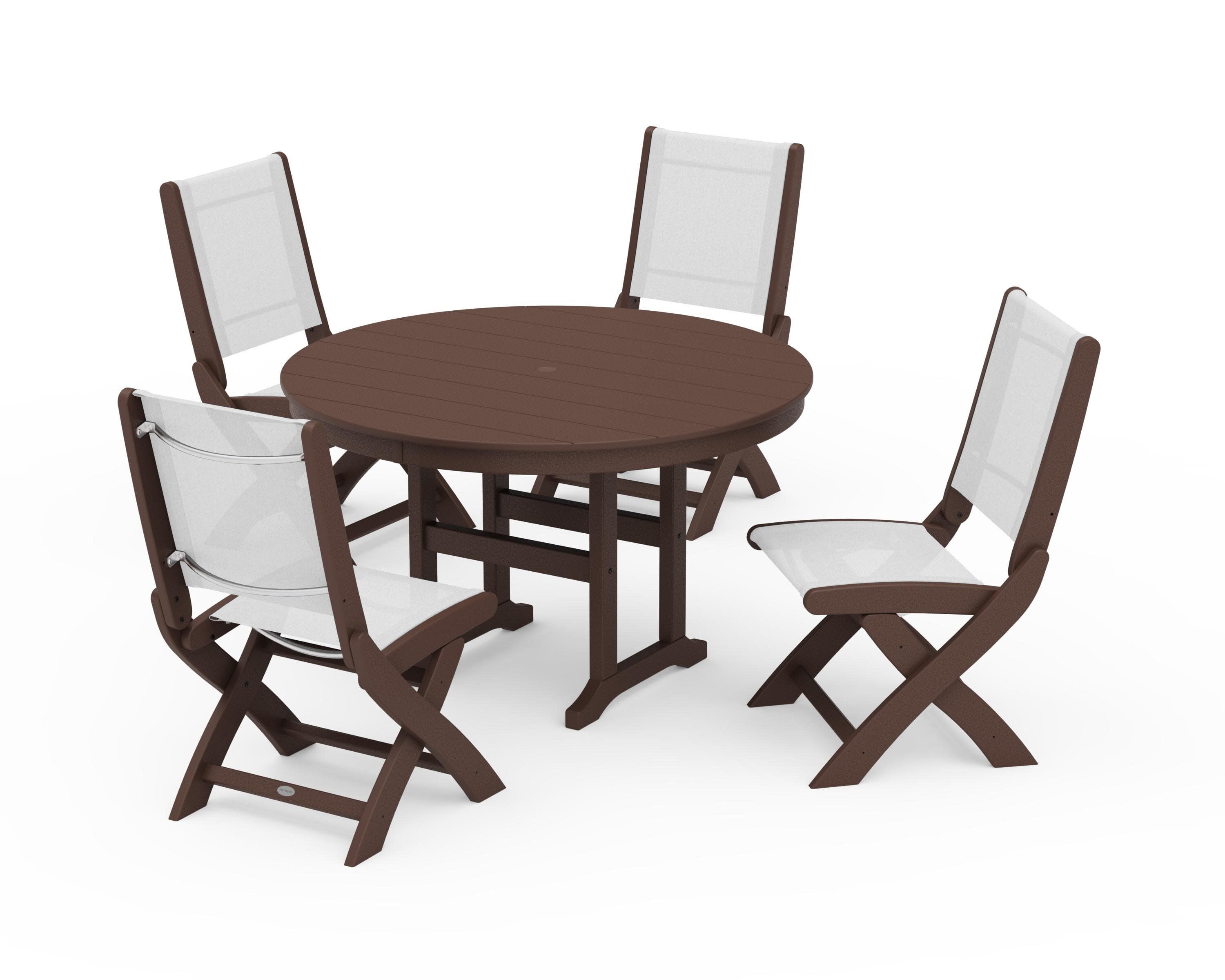 Coastal Folding Side Chair 5-Piece Round Dining Set in Mahogany / White Sling