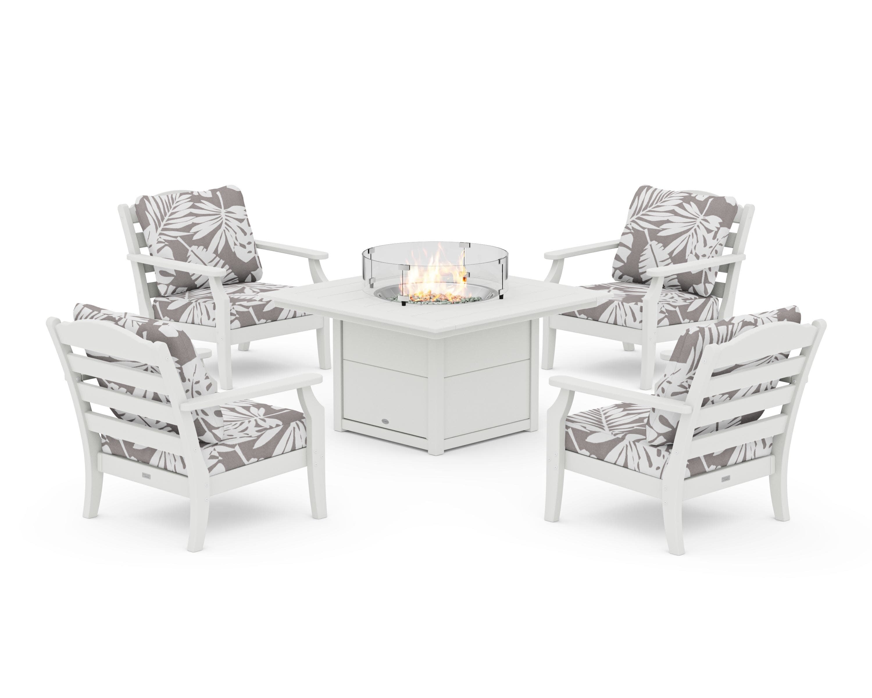 Savannah 5-Piece Deep Seating Set with Fire Pit Table in Vintage White / Leaf Grey Mist