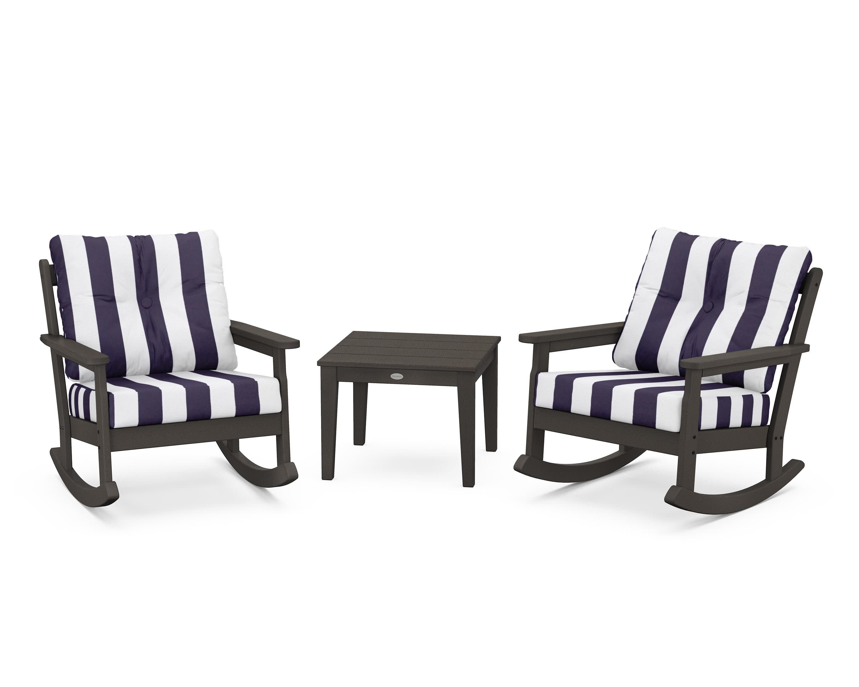 Vineyard 3-Piece Deep Seating Rocker Set in Vintage Coffee / Cabana Stripe Navy