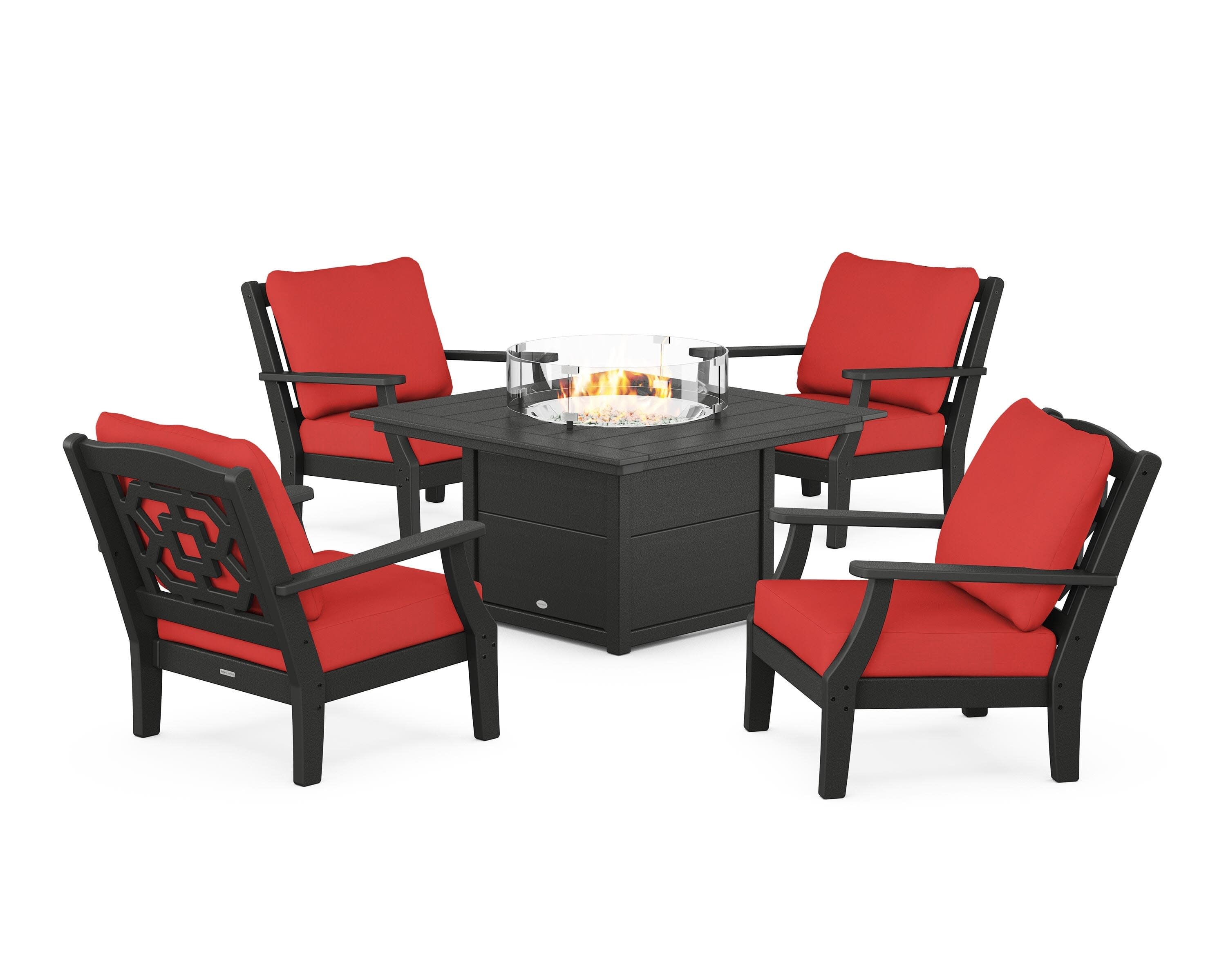 Chinoiserie 5-Piece Deep Seating Set with Fire Pit Table in Black / Crimson Linen