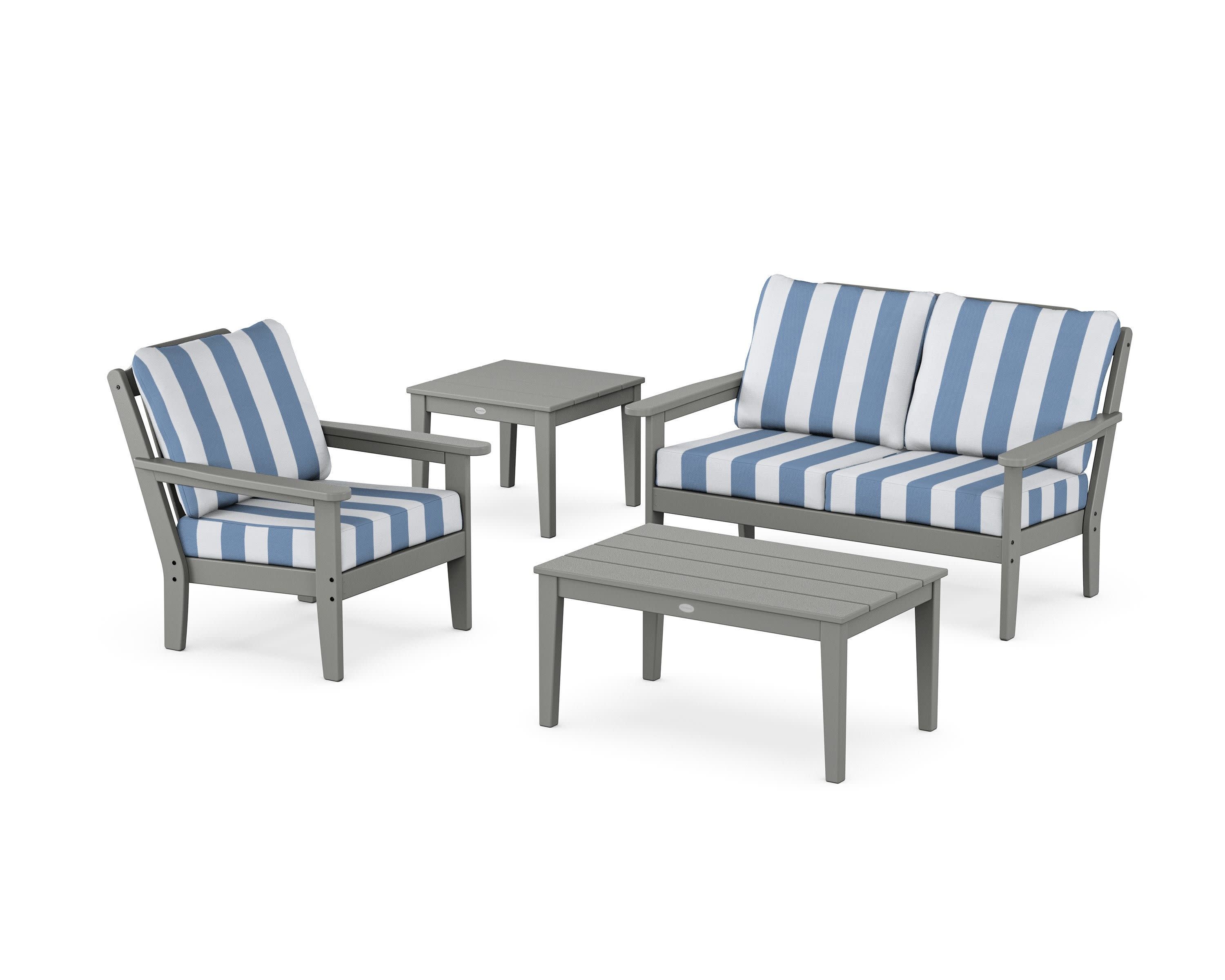 Wovendale 4-Piece Deep Seating Set in Slate Grey / Cabana Stripe Sky Blue