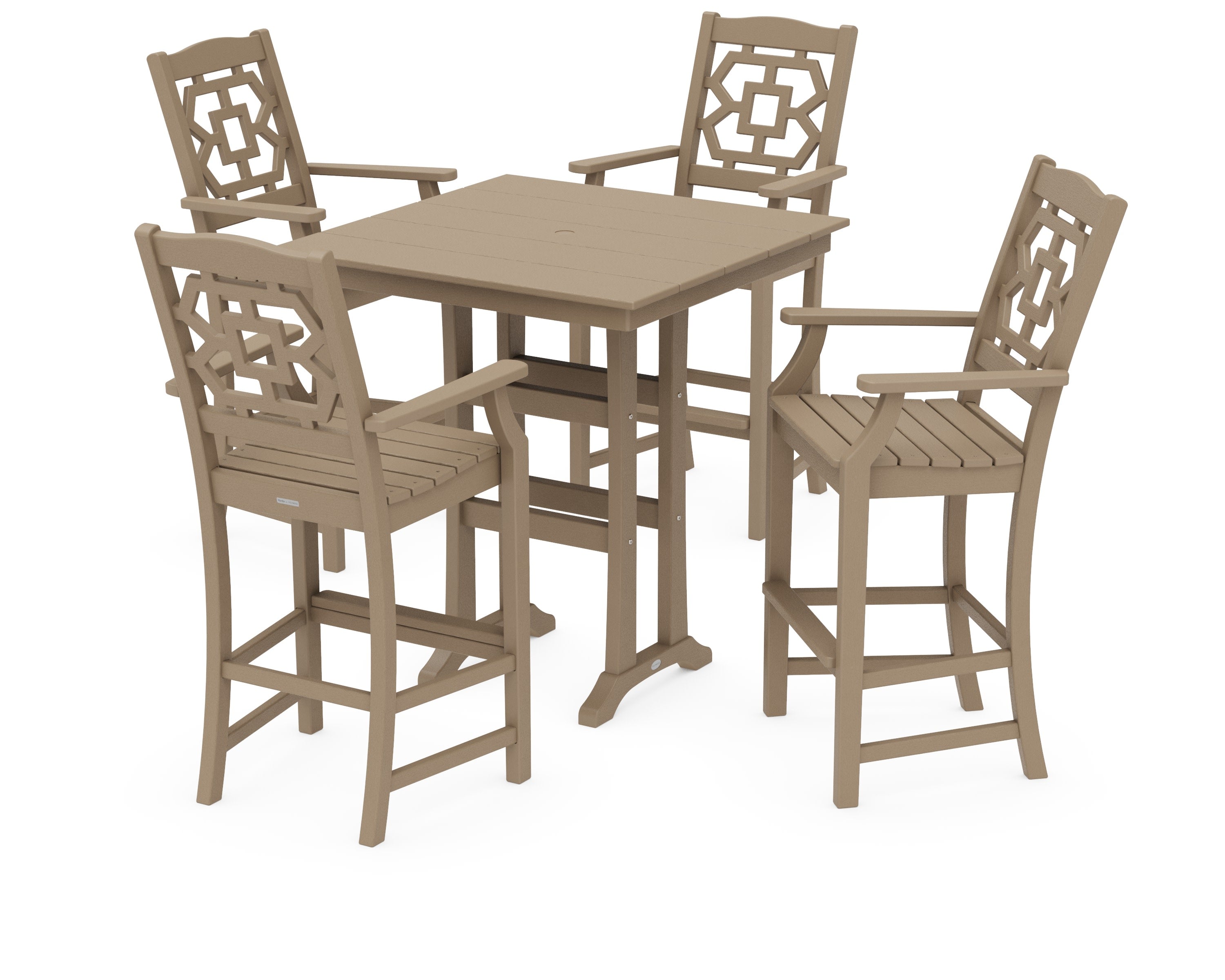 Chinoiserie 5-Piece Farmhouse Bar Set with Trestle Legs in Vintage Sahara