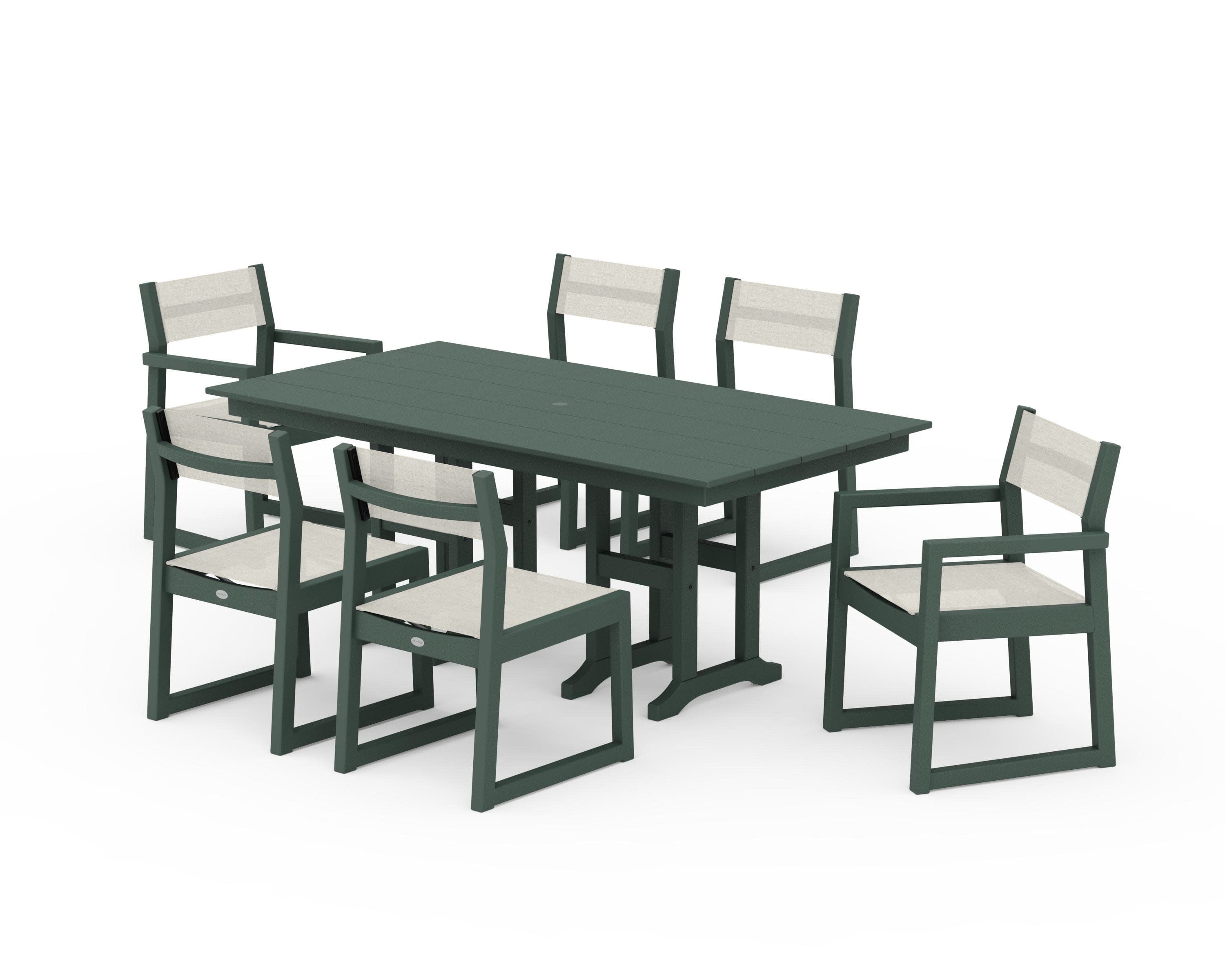 EDGE Sling 7-Piece Farmhouse Dining Set in Green / Parchment Sling