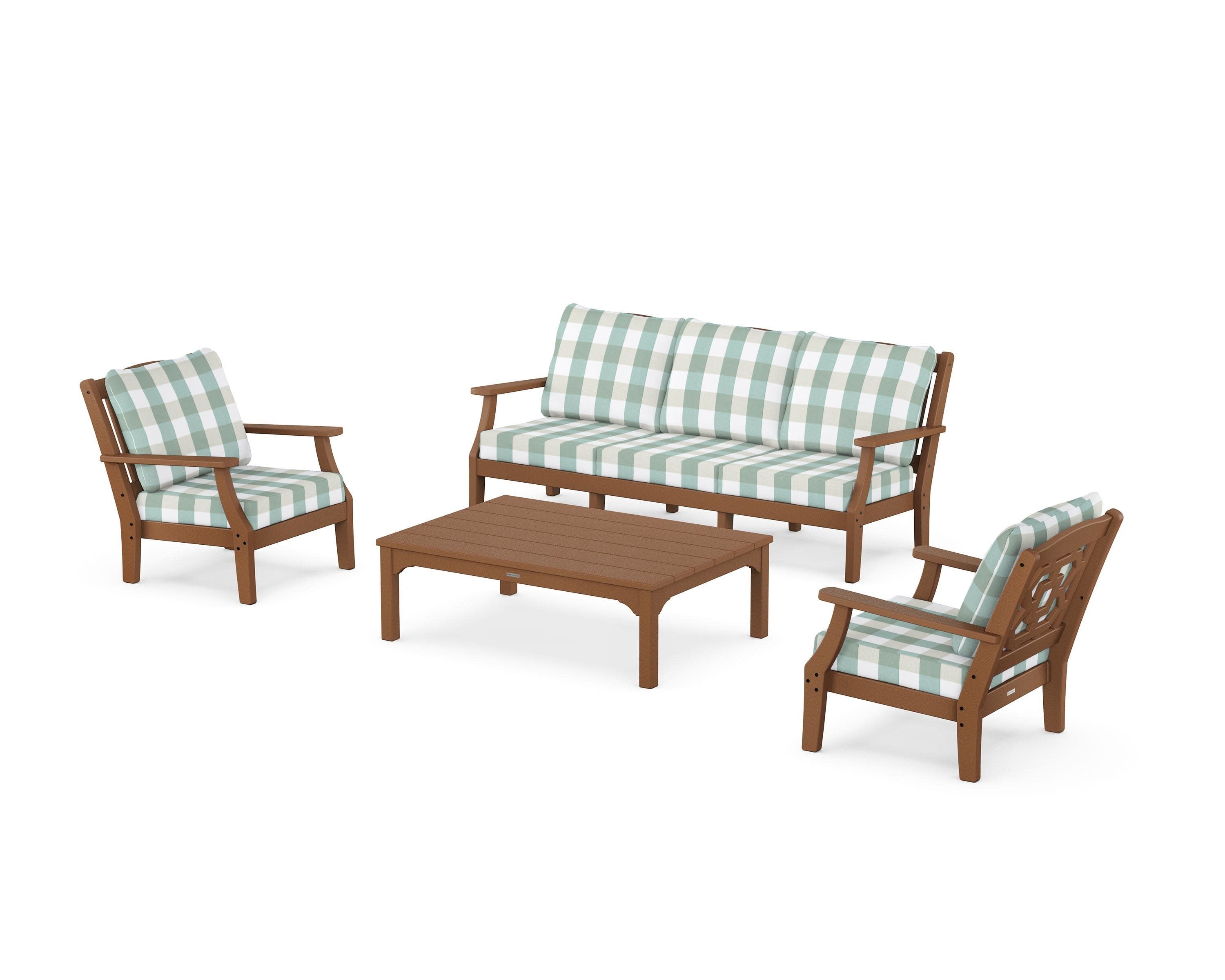 Chinoiserie 4-Piece Deep Seating Set with Sofa in Teak / Buffalo Plaid Glacier Spa
