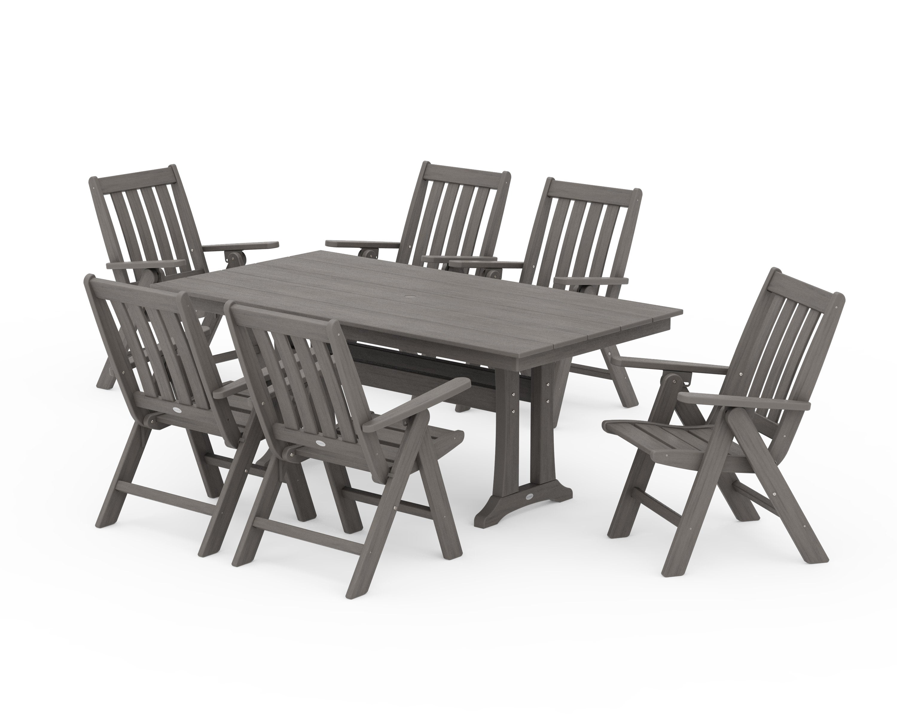 Vineyard Folding Chair 7-Piece Farmhouse Dining Set with Trestle Legs in Driftwood