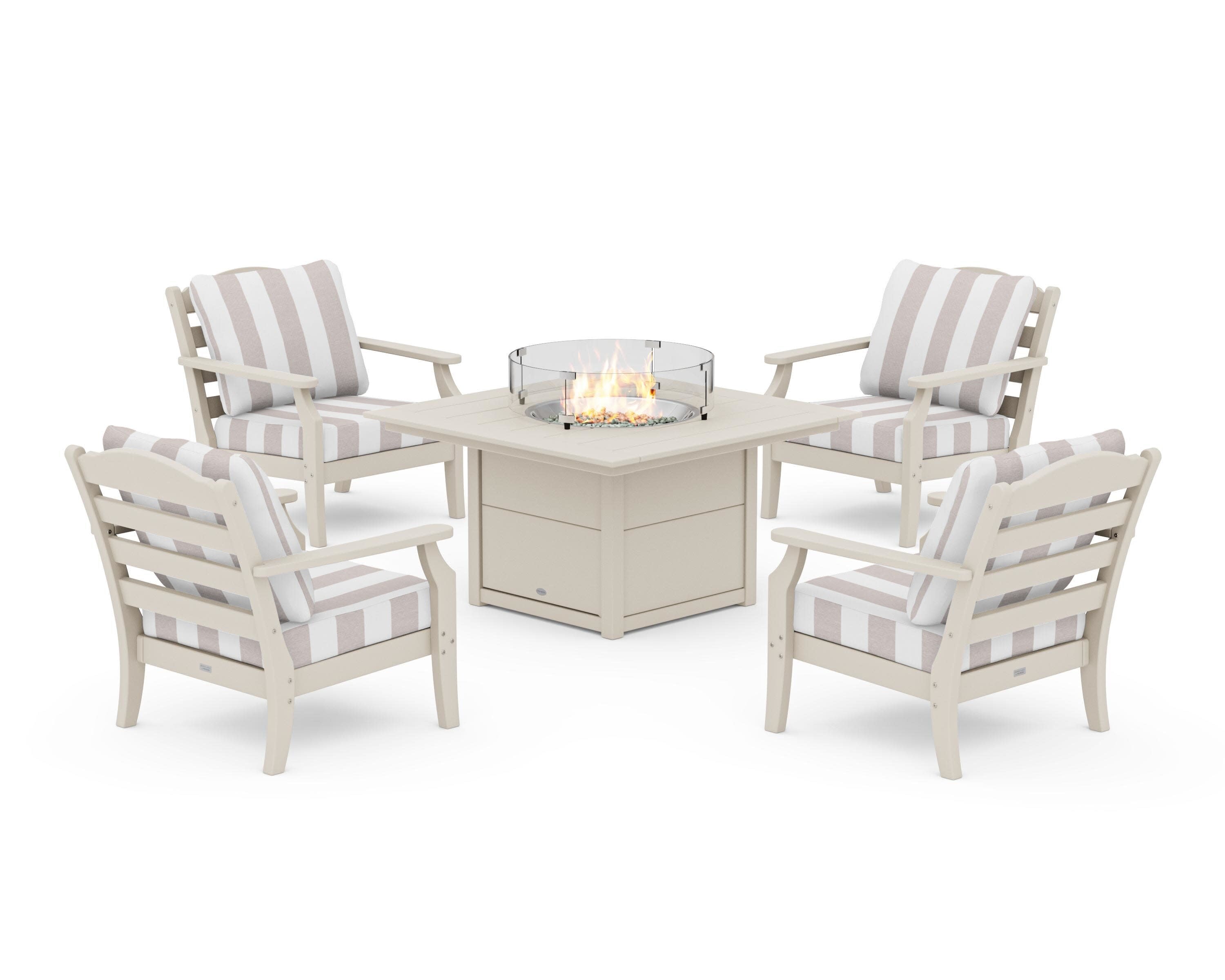 Savannah 5-Piece Deep Seating Set with Fire Pit Table in Sand / Cabana Stripe Dune Burlap