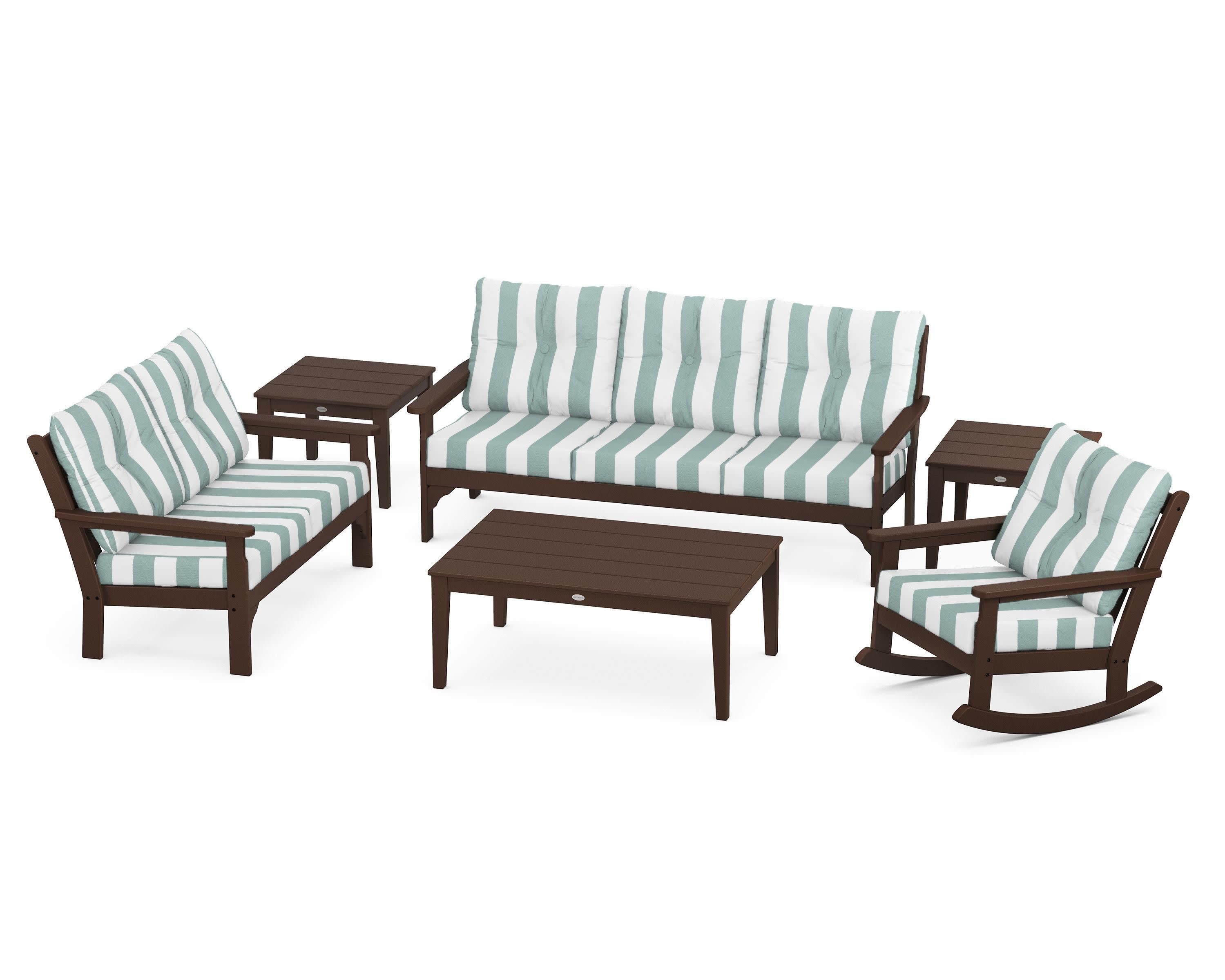 Vineyard 6-Piece Deep Seating Set in Mahogany / Cabana Stripe Glacier Spa