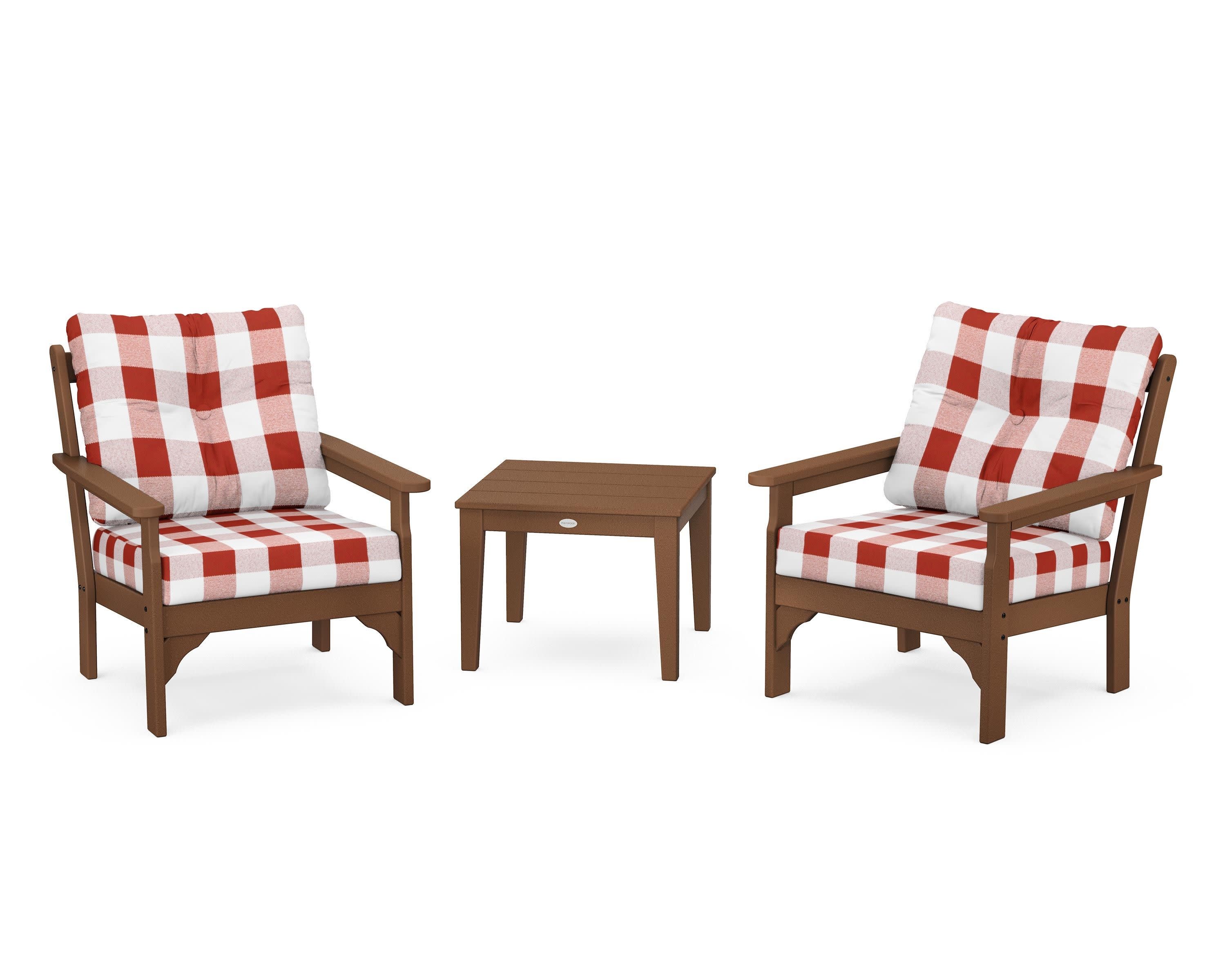 Vineyard 3-Piece Deep Seating Set in Teak / Buffalo Plaid Crimson